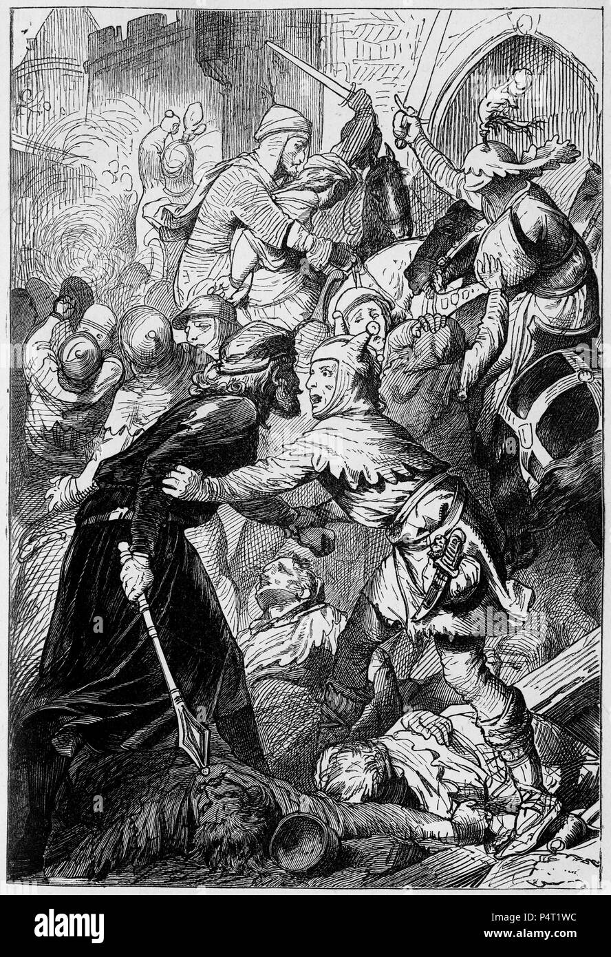 Engraving of soldiers in a medieval battle scene. From an illustrated copy of Ivanhoe, 1878. Stock Photo