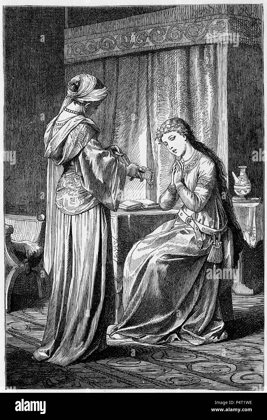 Engraving of two medieval women admiring the treasure in a jewelry box. From an illustrated copy of Ivanhoe, 1878. Stock Photo