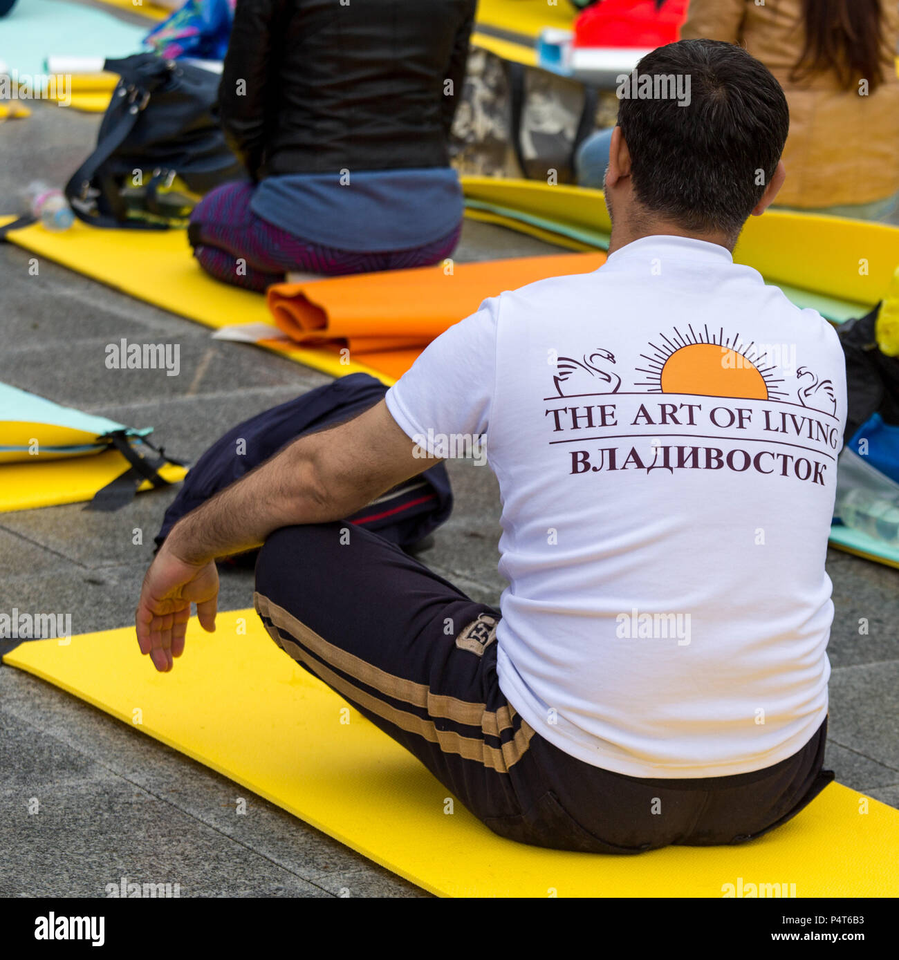 Russia Vladivostok 06 18 2016 Man In T shirt With Logo Of The Art Russia vladivostok 06 18 2016 man in t shirt with logo of the art