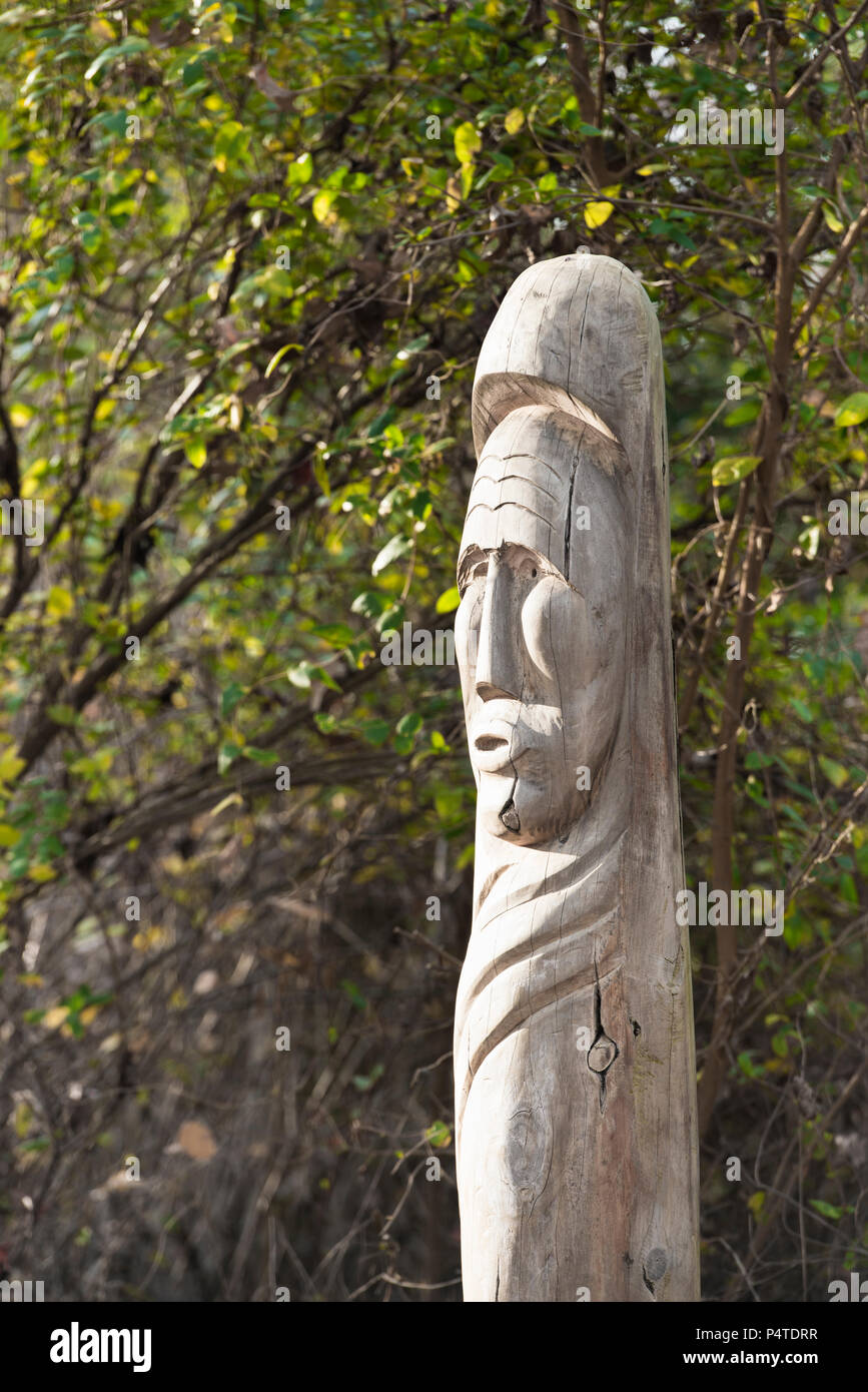 Stone totem in recreated Powhatan Village, Historic Jamestown Settlement, Virginia, U.S. Stock Photo
