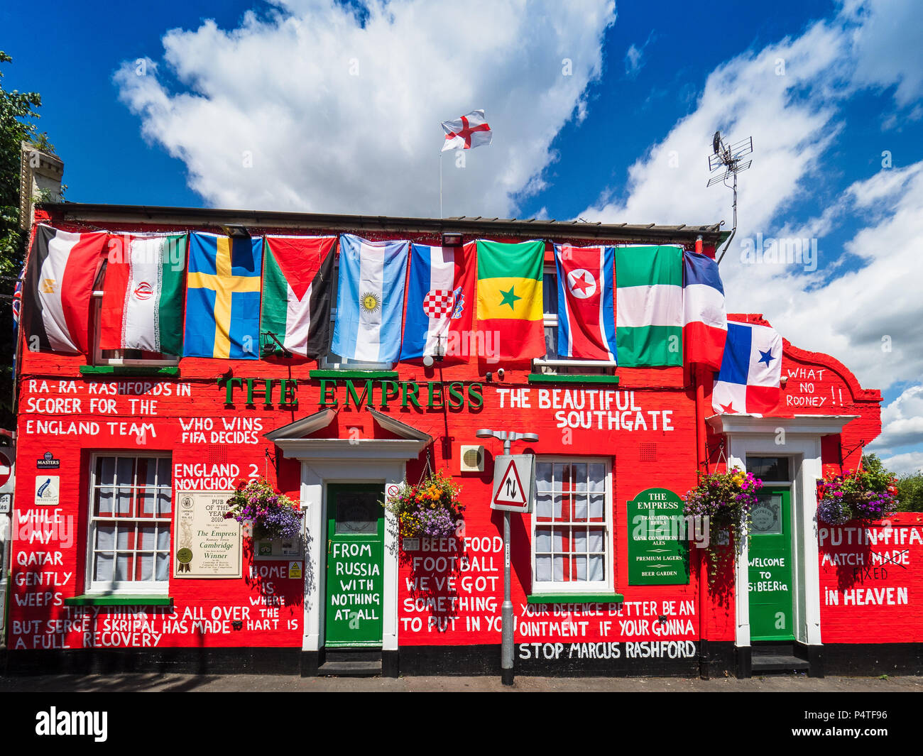 The Empress Pub in Cambridge UK is decorated with flags and slogans for the 2018 World Cup Stock Photo