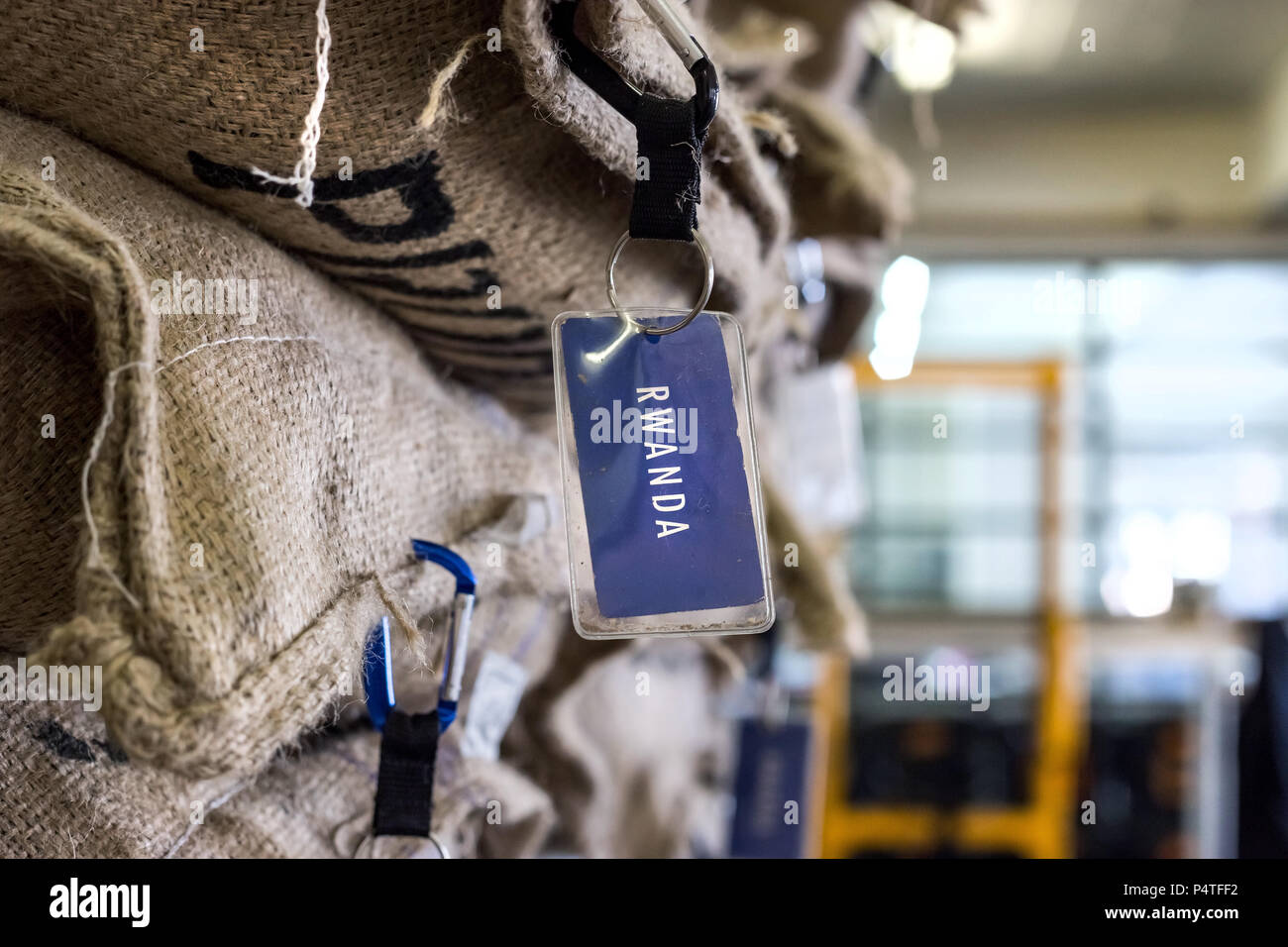 Johannesburg, South Africa, June 7 2018 Coffee beans in large bags with labels of origin in