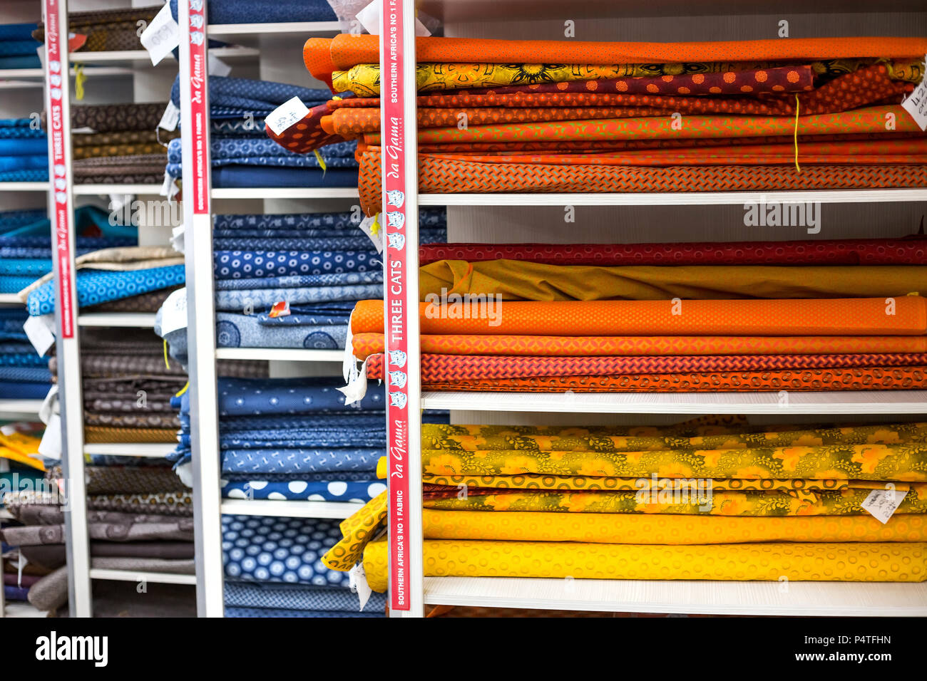 Pretoria, South Africa, June 7 - 2018: African textiles on display in fabric shop. Stock Photo