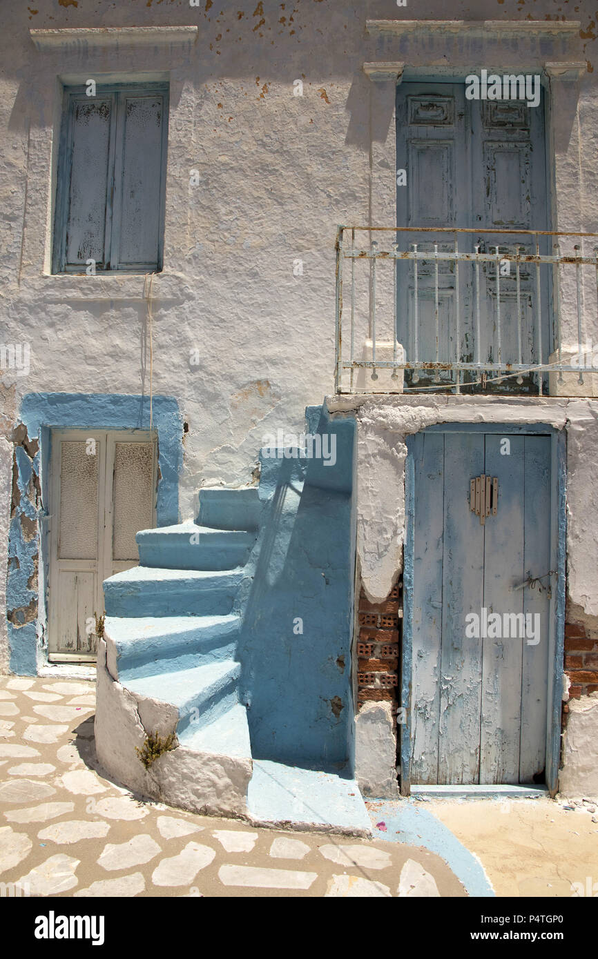 Traditional Greek house, painted blue and white, Pothia, Kalymnos