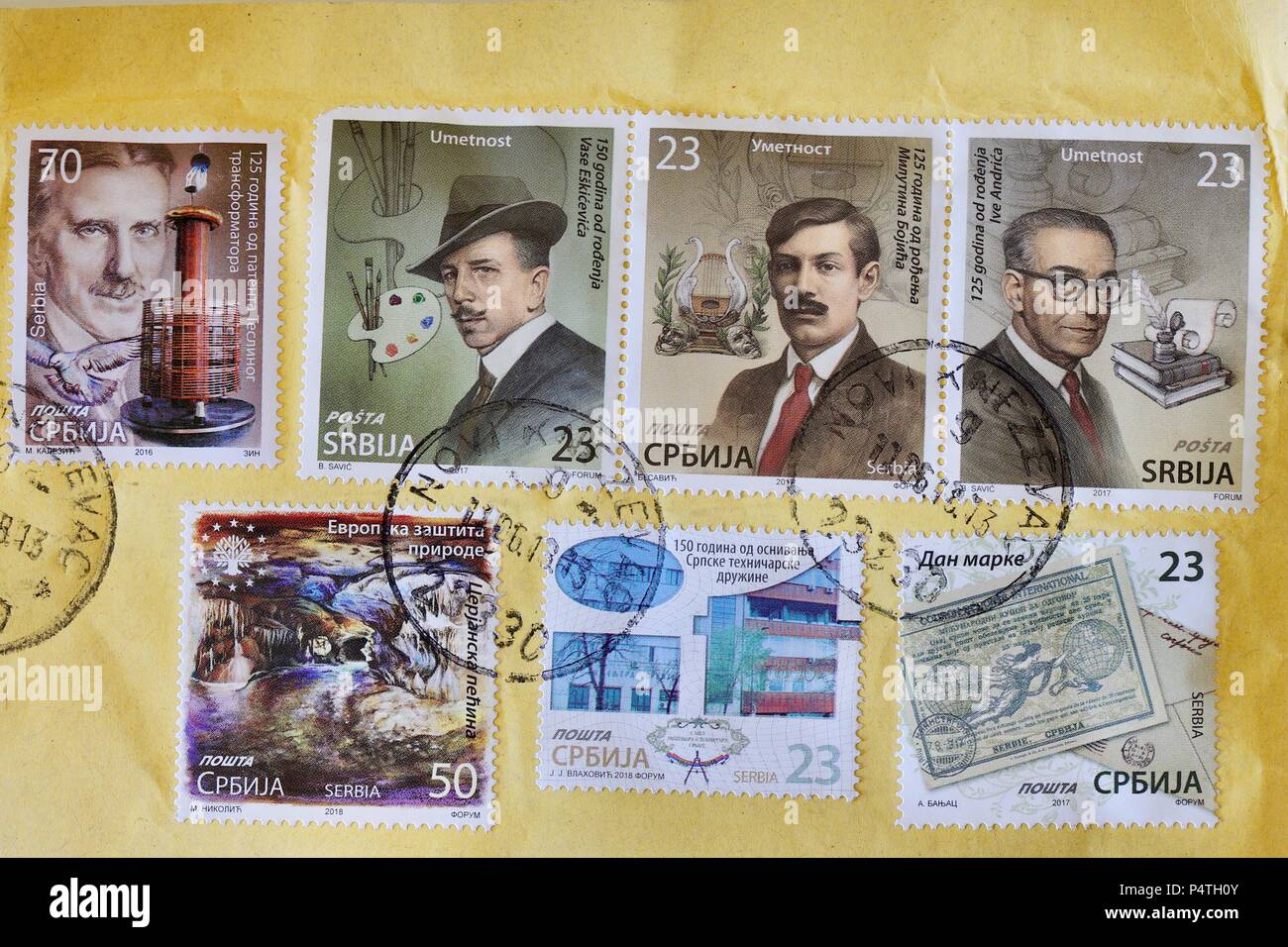 Serbian postage stamps on an envelope. Postmarked June 2018. Stock Photo