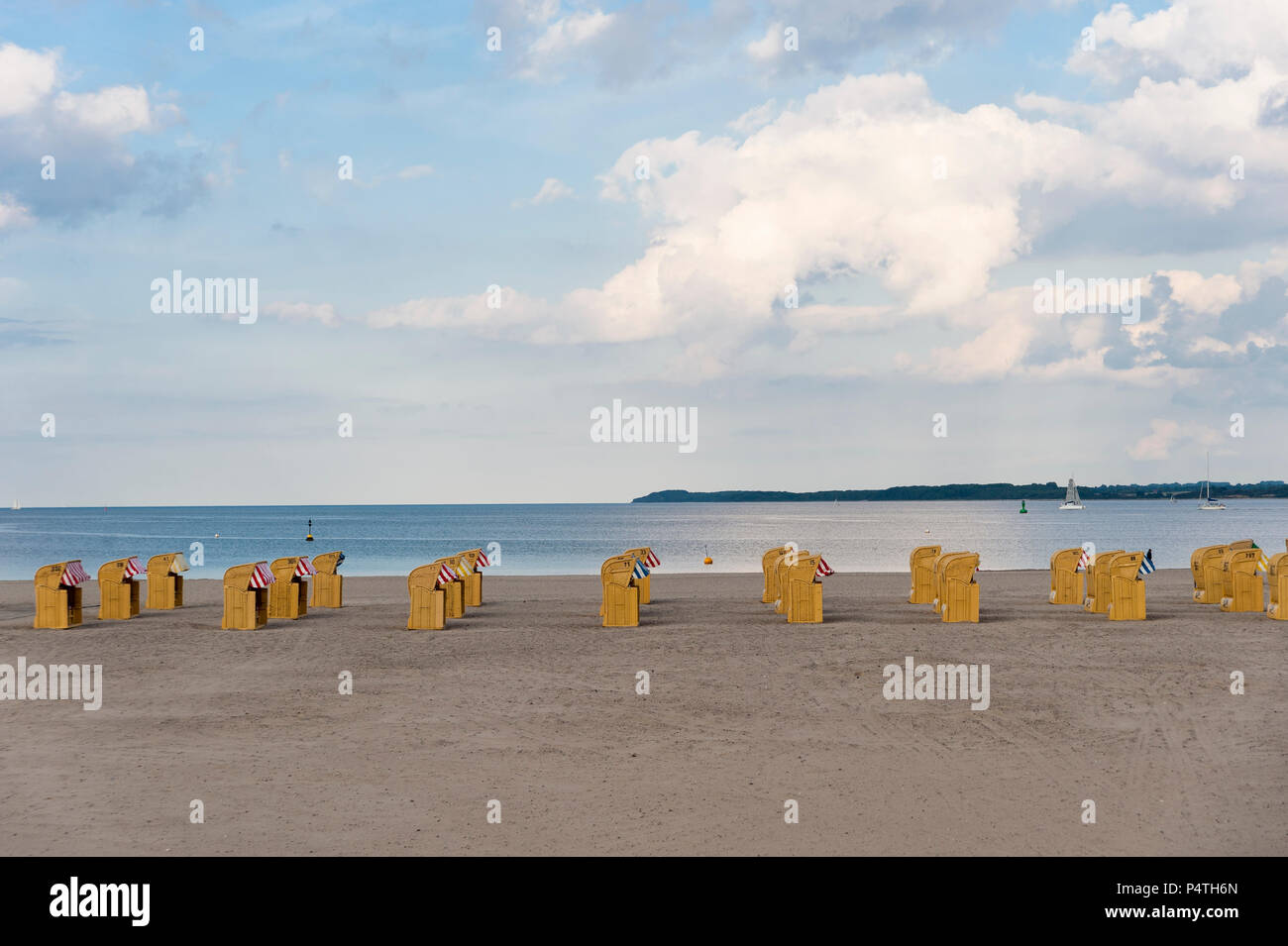 Empty sandy beach with beach chairs, Travemünde, Baltic Sea, Schleswig-Holstein, Germany Stock Photo