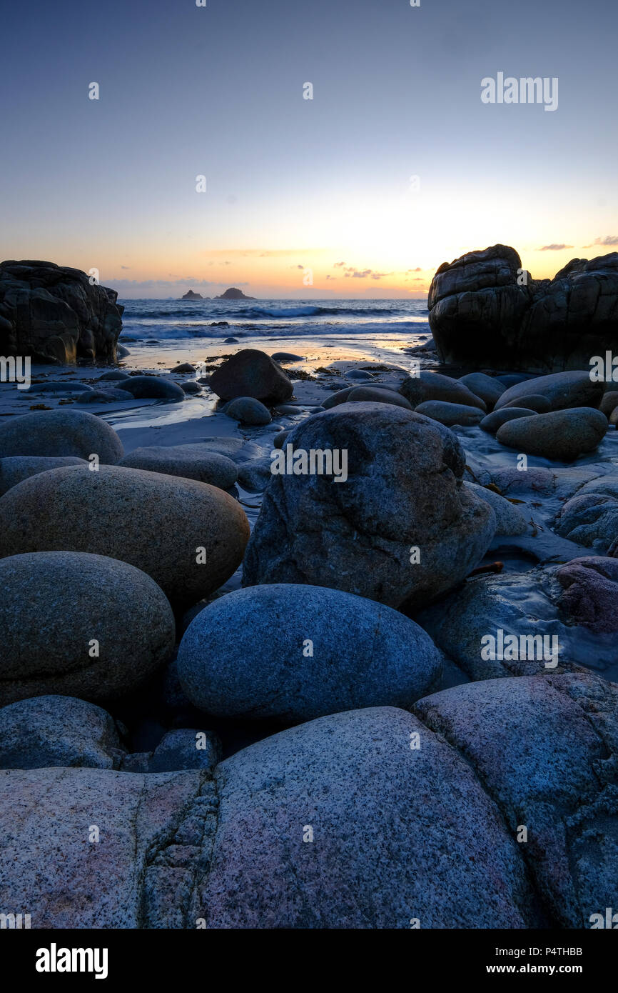 Stony coast, evening mood, Porth Nanven, near Land's End, Cornwall, Great Britain Stock Photo
