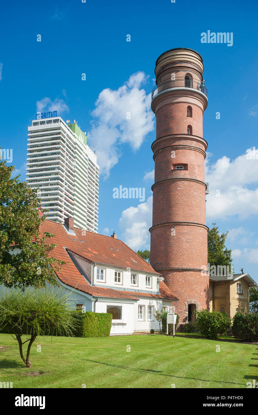 Old lighthouse and Hotel Maritim, Travemünde, Baltic Sea, Schleswig-Holstein, Germany Stock Photo