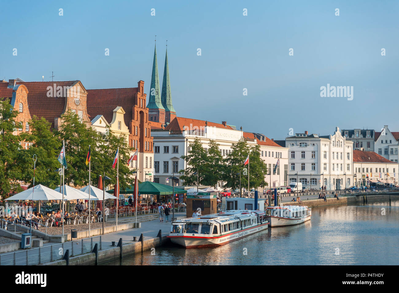 Mooring on the Trave River, Old Town with Cathedral, Lübeck, Schleswig-Holstein, Germany Stock Photo
