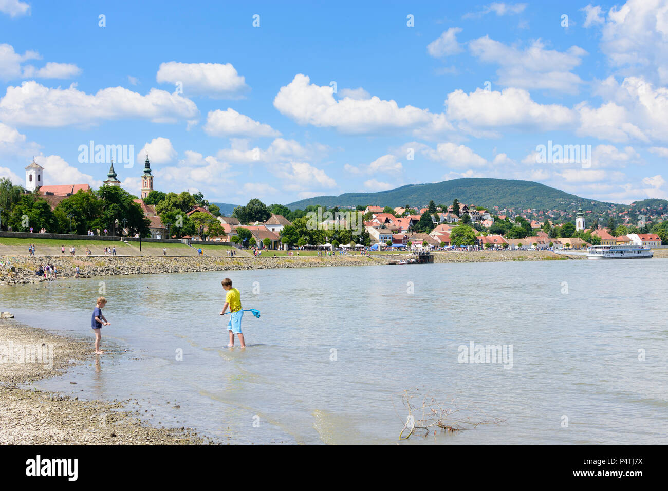 Szentendre (Sankt Andrä): Szentendre Danube, beach, Old Town, Pilis Mountains, ship in Hungary, Pest, Stock Photo