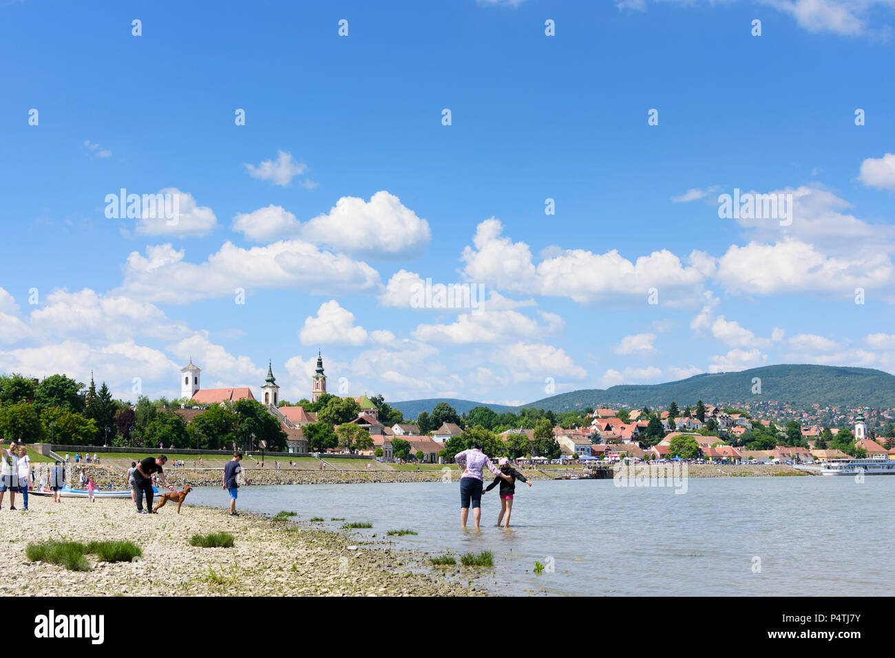 Szentendre (Sankt Andrä): Szentendre Danube, beach, Old Town, Pilis Mountains, ship in Hungary, Pest, Stock Photo
