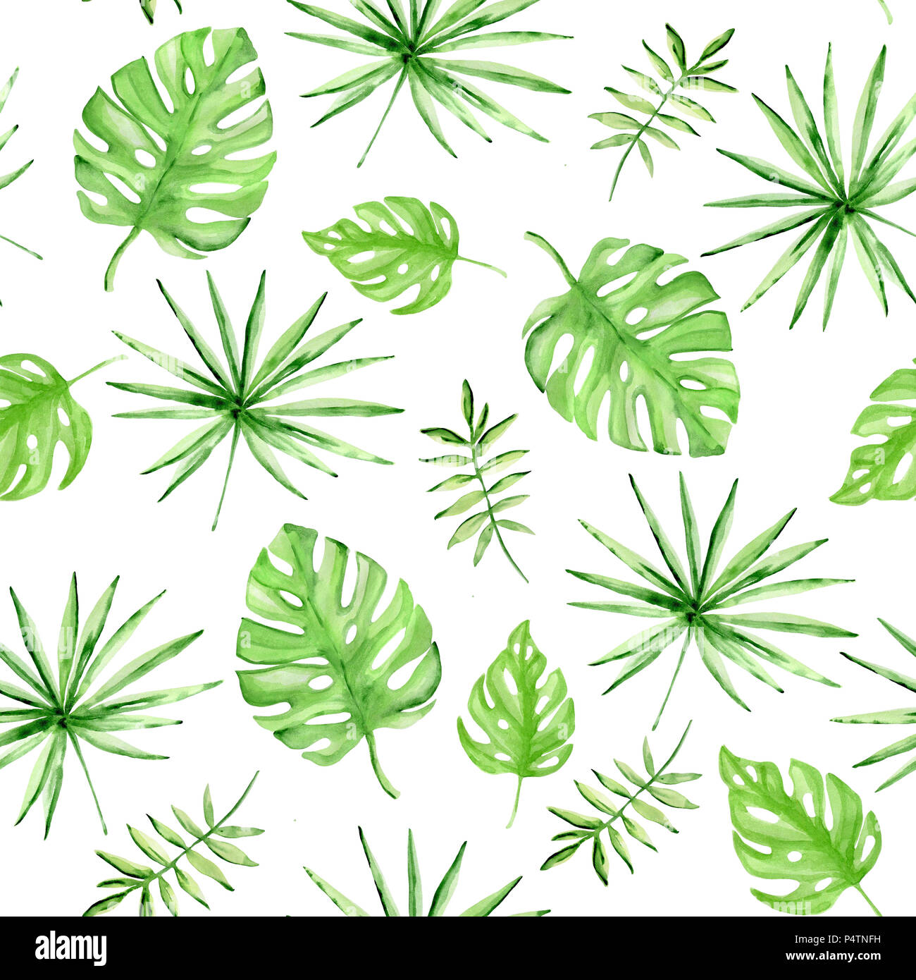 Watercolor summer tropical seamless pattern with green palm leaves on a ...