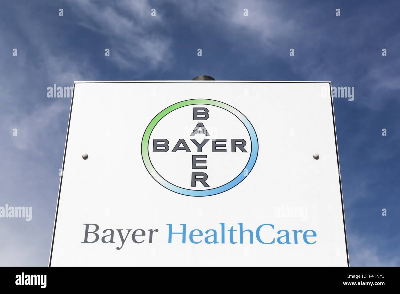 Saint France June 2, 2018 Bayer healthcare logo on a panel