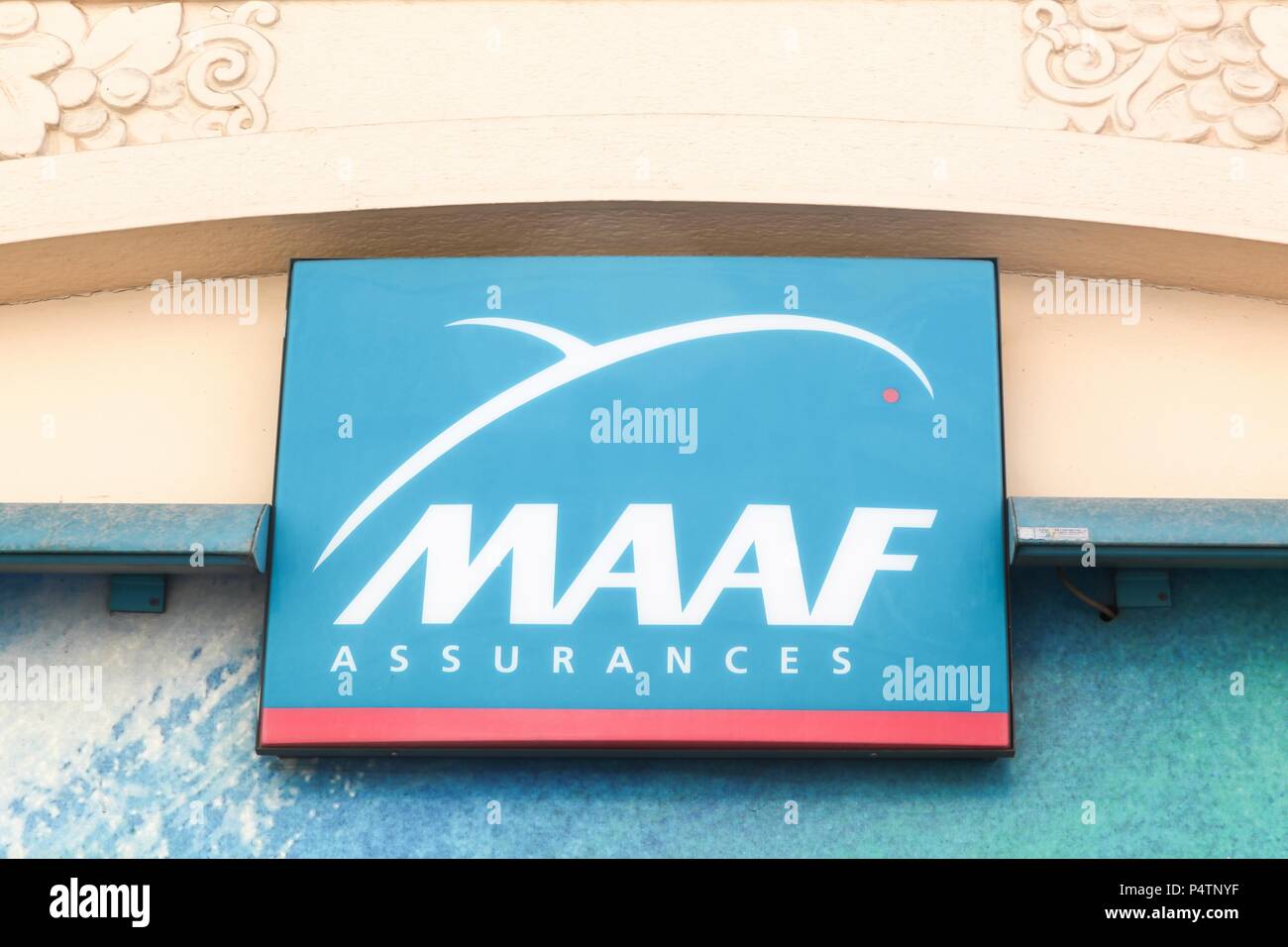 Villefranche, France - June 11, 2017: MAAF logo on a wall. MAAF Assurances is a French mutual insurance company Stock Photo