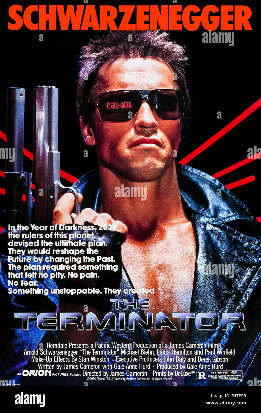 The Terminator (1984) directed by James Cameron and starring by Arnold Schwarzenegger, Linda Hamilton and Michael Biehn. An android travels back in time to kill the mother of a future resistance leader. Stock Photo