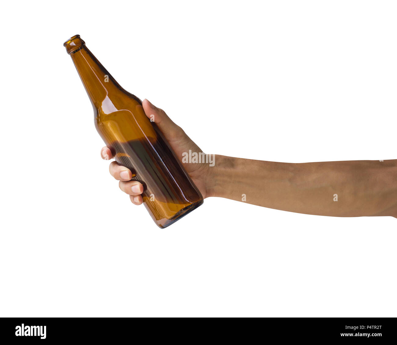 Hand holding beer bottle isolated on white background. Clipping path of