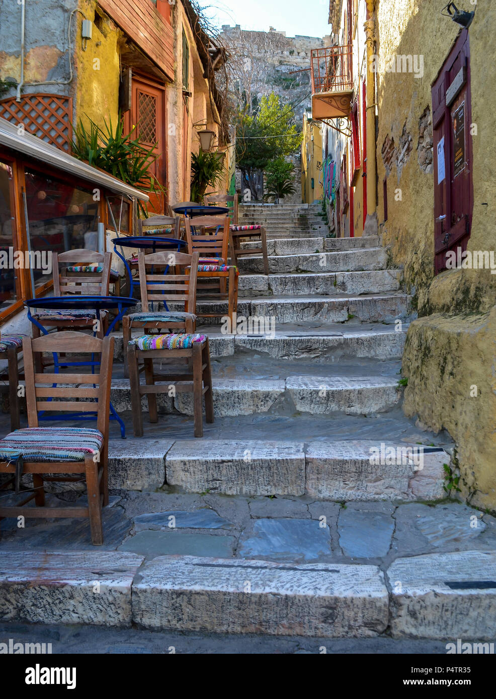 Famous street cafe with steps in Plaka, Athens Stock Photo