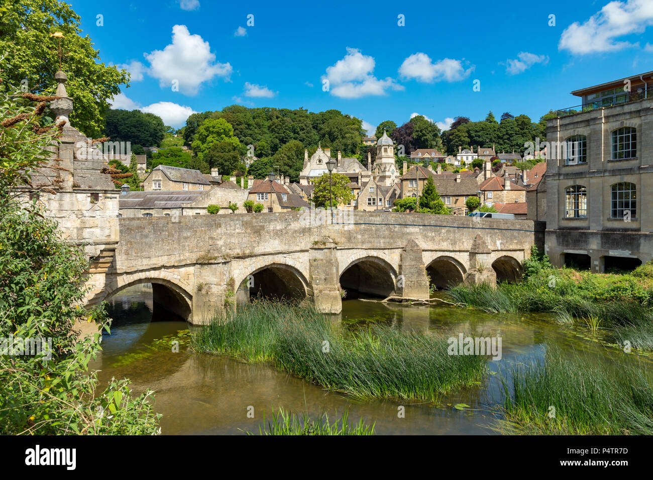 Bradford-on-Avon Wiltshire England June 22, 2018 View of Town Bridge, crossing the river Avon, with the town in the background Stock Photo