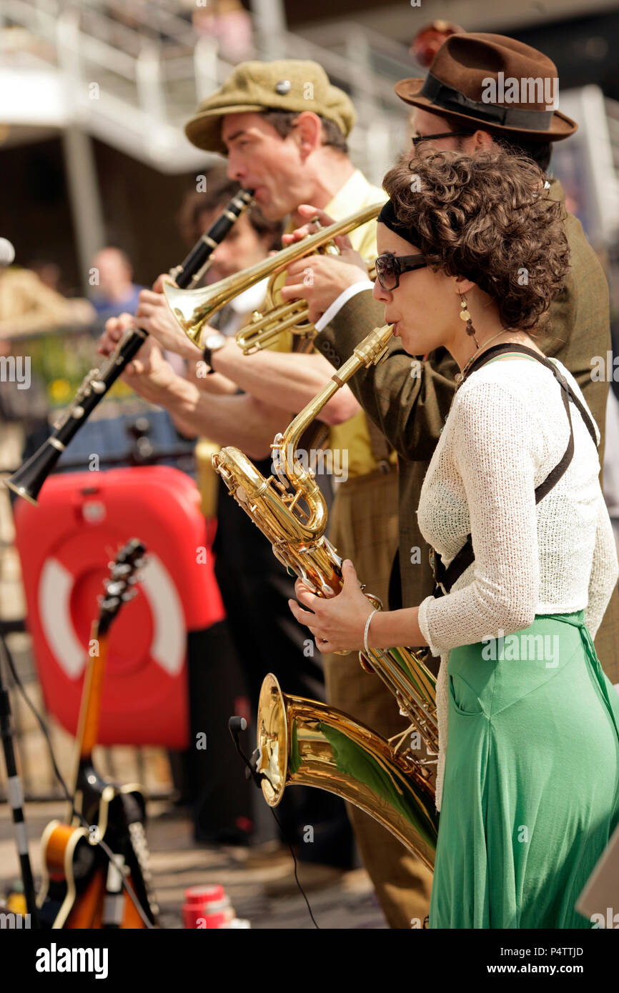 Street musicians, Baritone Sax, Cornet, Clarinet. Stock Photo