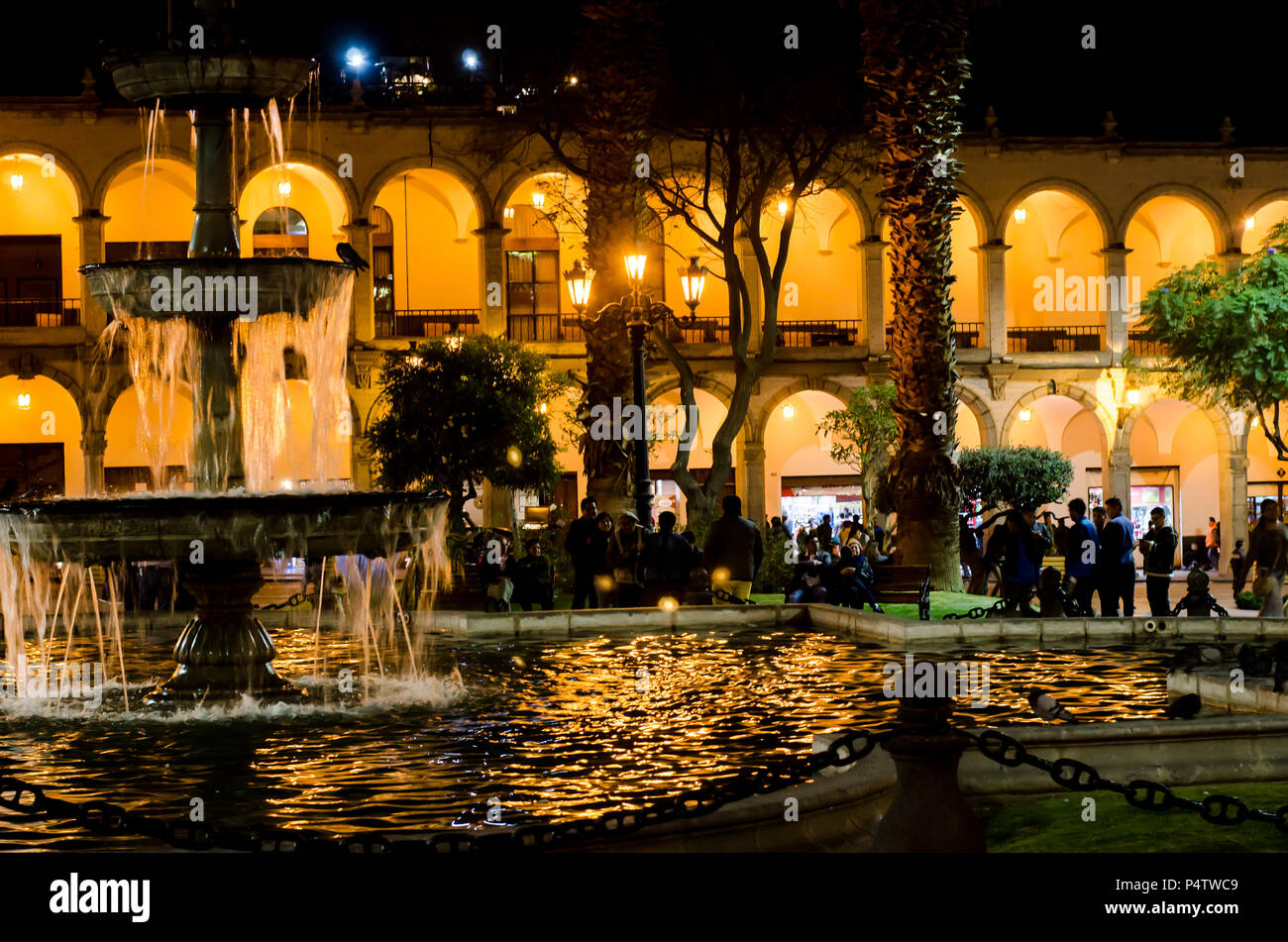 Balconies of Plaza de Armas in Arequipa Peru at night Stock Photo