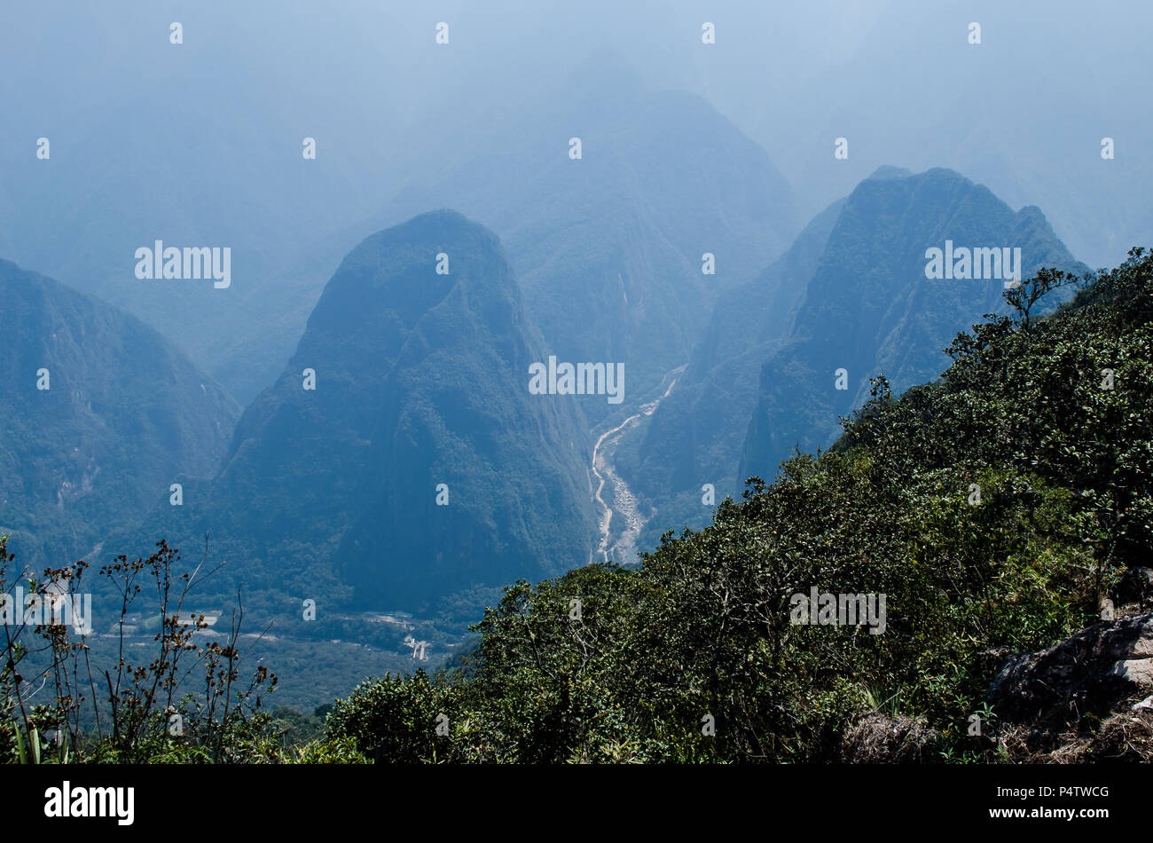 Putucusi and Urubamba River as seen from Machu Picchu Mountain Stock Photo