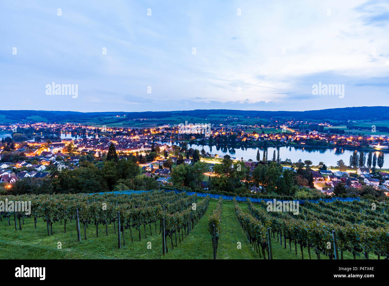 Switzerland, Canton of Schaffhausen, Stein am Rhein, Lake Constance, Rhine river, cityscape in the evening Stock Photo