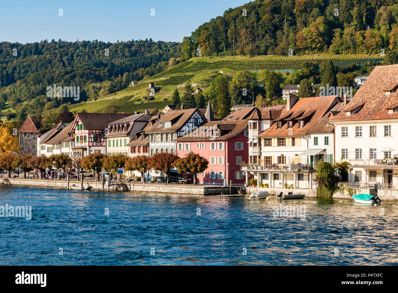 Switzerland, Canton of Schaffhausen, Stein am Rhein, Lake Constance, Rhine river, Old town, waterfront promenade Stock Photo
