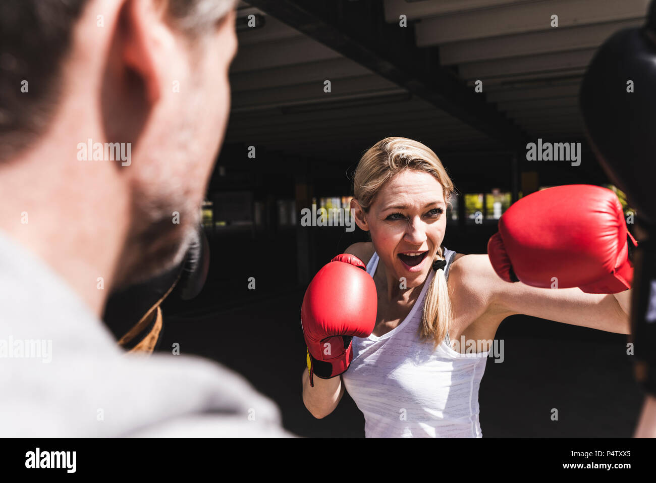Man and woman in boxing training Stock Photo