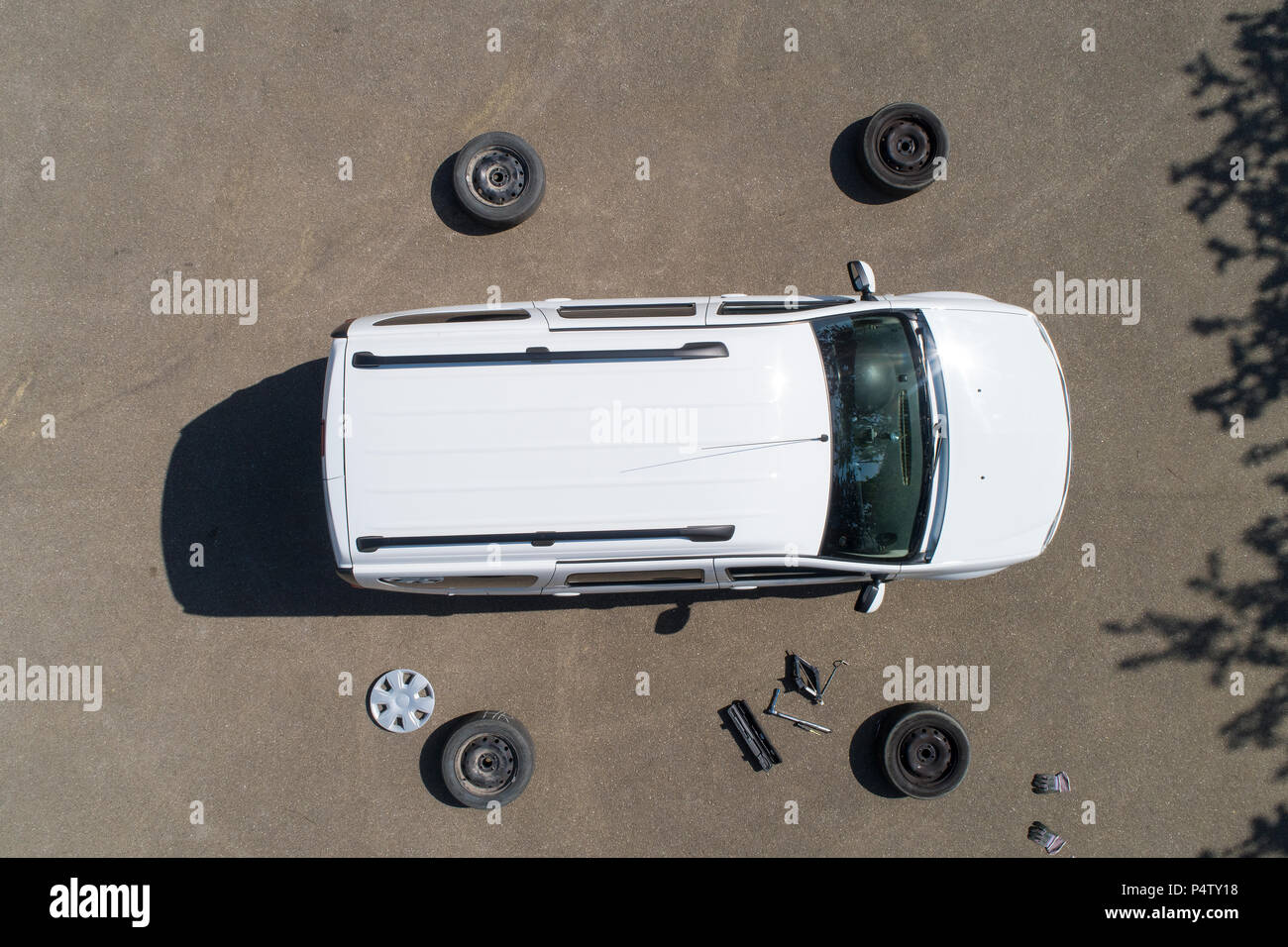 Changing car tires, top view Stock Photo