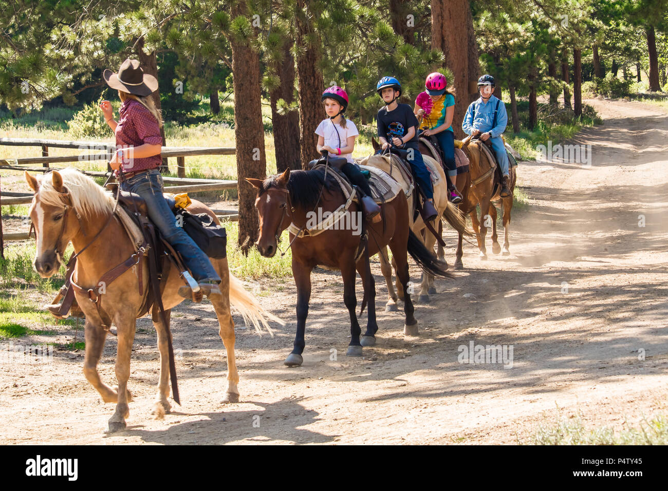 Family of four - two children, their mother and grandfather -- taking a horseback riding  lesson in the woods in the Rocky Mountain, Colorado, USA; Stock Photo