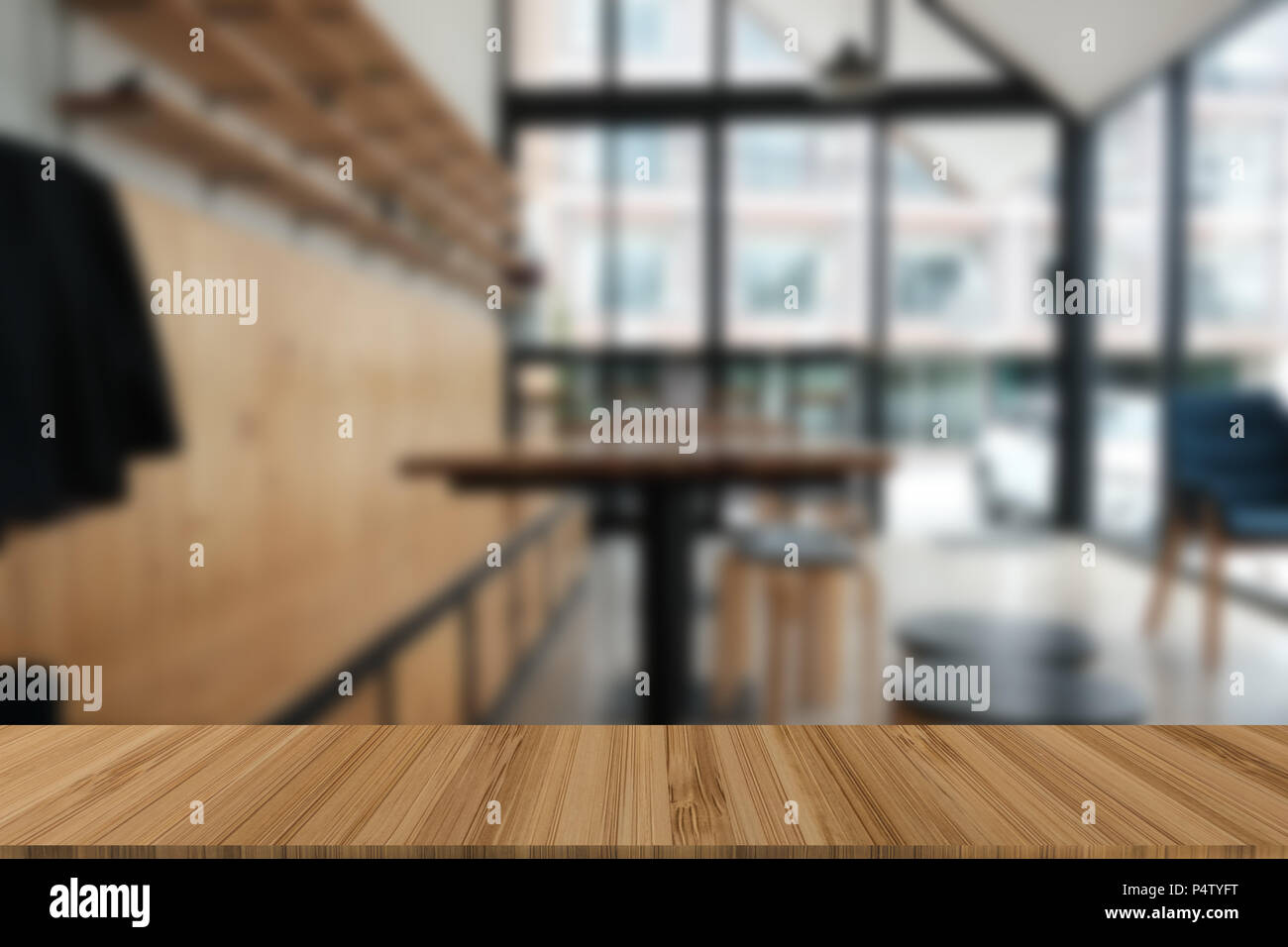 cafe coffee shop cafeteria blur defocused background with wood table
