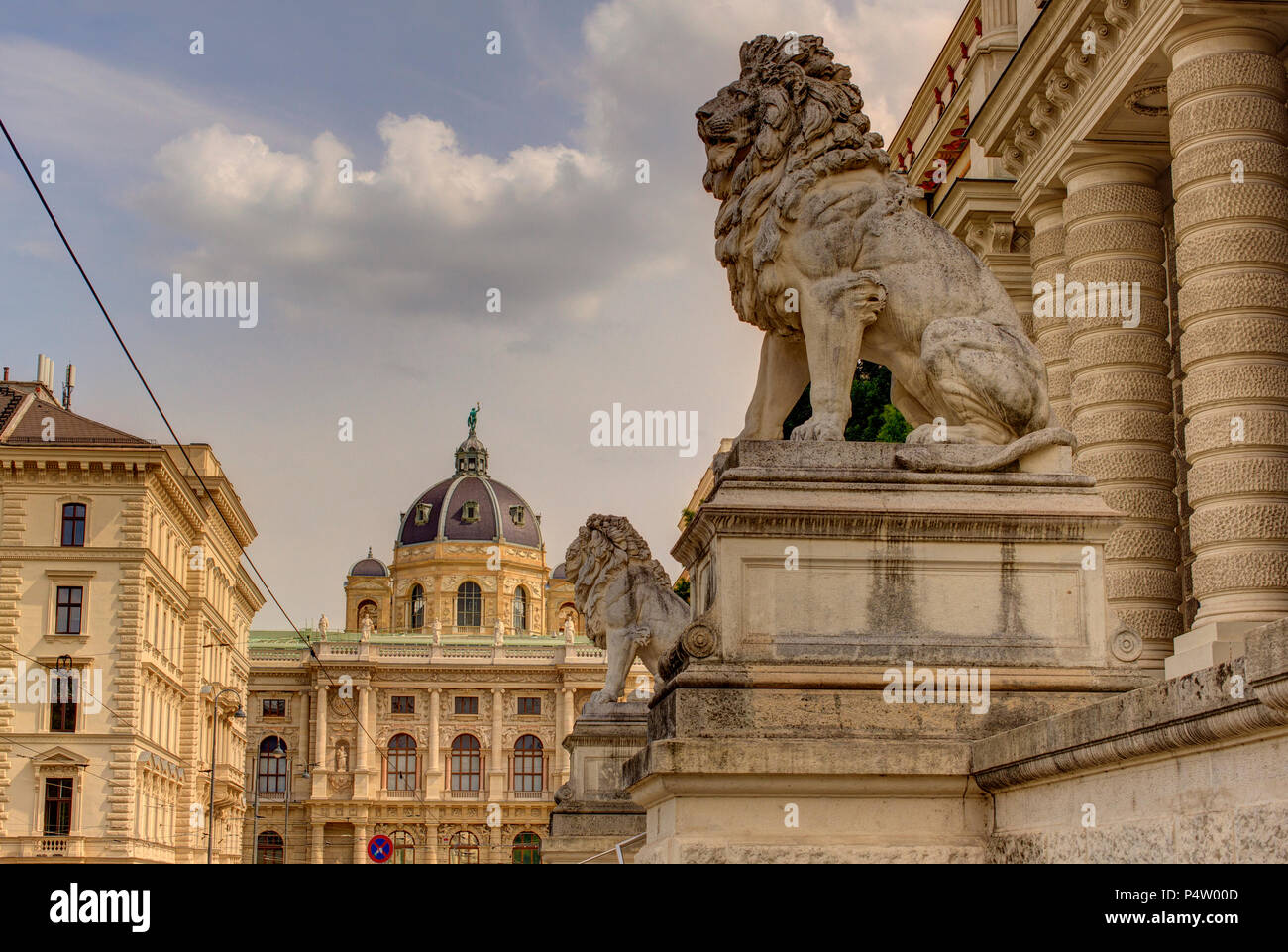 Lion statues in front of the Palace of Justice. In the background the