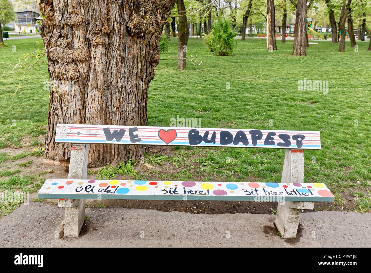 A painted bench in Városliget park, Budapest, Hungary. Stock Photo