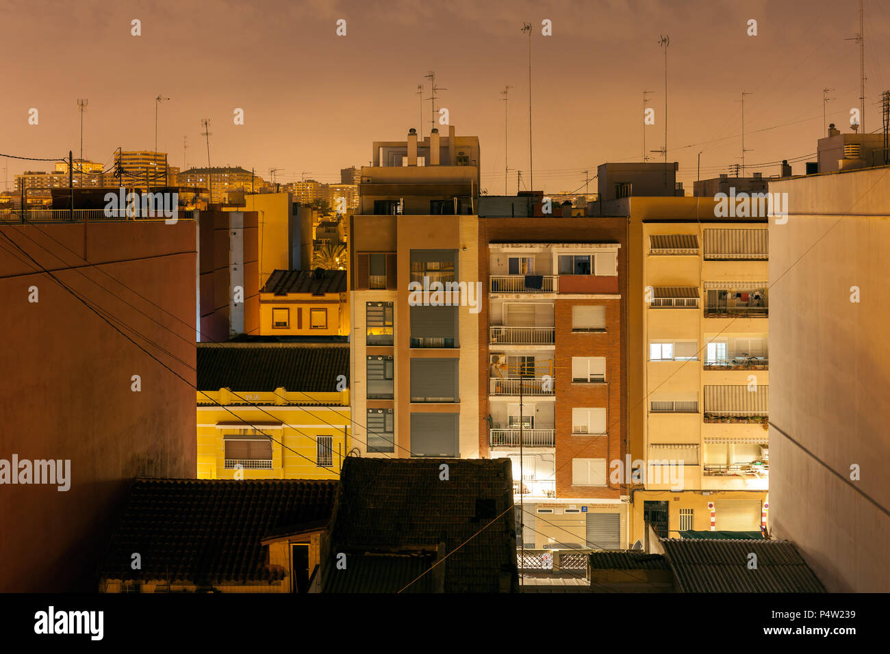 Valencia, Spain, Illuminated residential building in Valencia at night Stock Photo