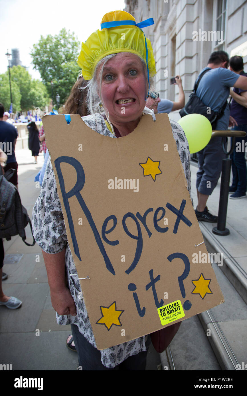 London, UK. 23 June 2018.Anti-Brexit march and rally for a People's Vote in Central London. Woman with a Regrex it? sign. Stock Photo