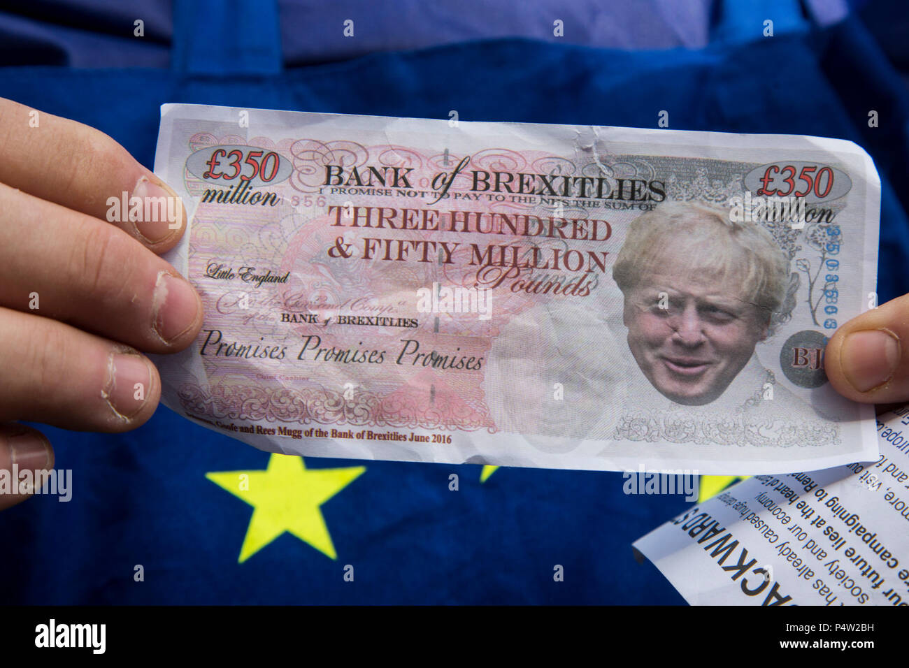 London, UK. 23 June 2018.Anti-Brexit march and rally for a People's Vote in Central London. Face of Boris Johnson on a 350 million pound note. Stock Photo