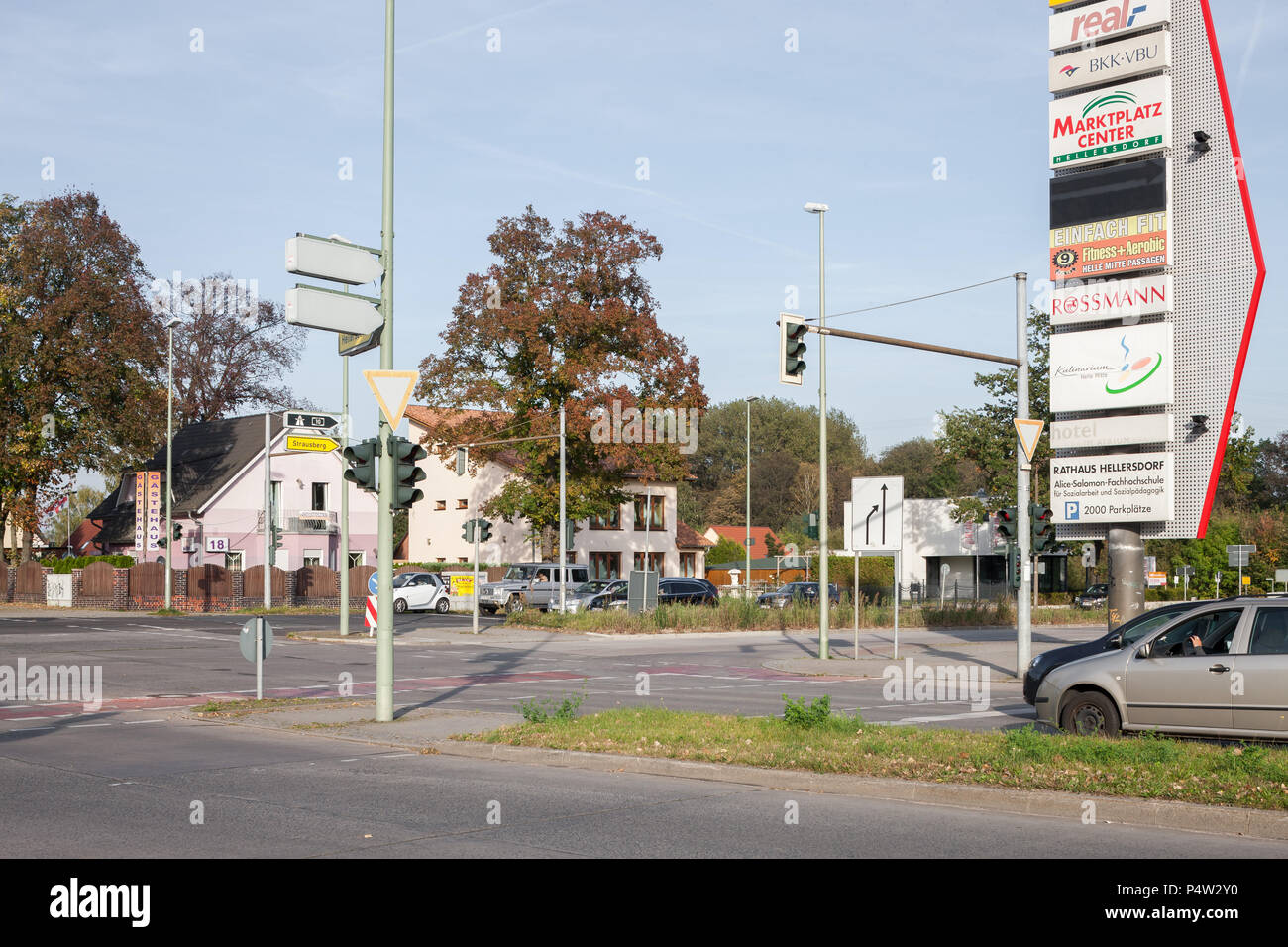 Berlin, Germany, advertising at the street intersection Stendaler Strasse  corner Landsberger Chaussee in Berlin-Hellersdorf Stock Photo - Alamy