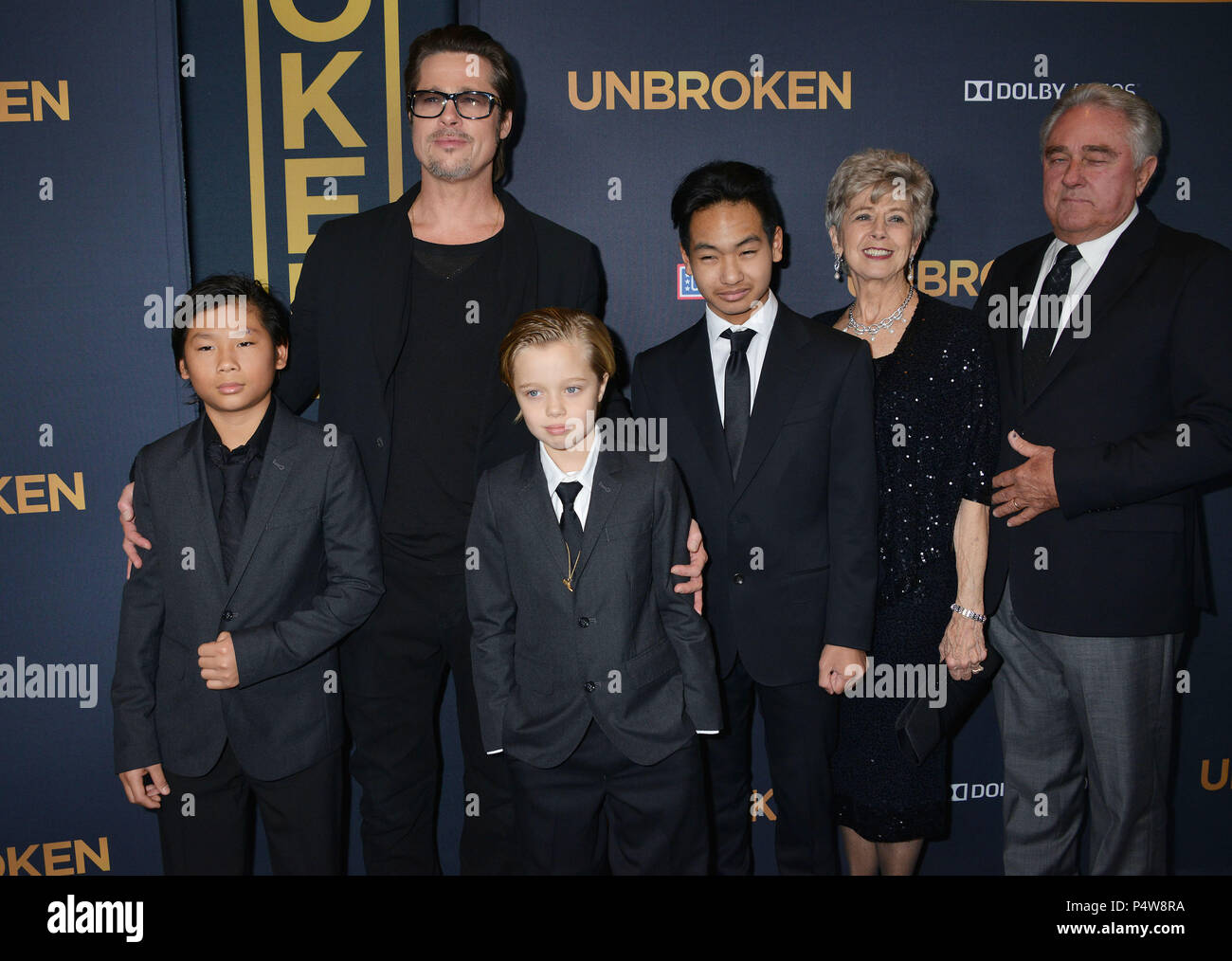 Brad Pitt, (L-R) Pax Thien Jolie-Pitt, Shiloh Nouvel Jolie-Pitt,, Maddox Jolie-Pitt, Jane Pitt, and William Pitt 046  at the Unbroken Premiere at the Dolby Theatre in Los Angeles. Dec. 14, 2014Brad Pitt, (L-R) Pax Thien Jolie-Pitt, Shiloh Nouvel Jolie-Pitt,, Maddox Jolie-Pitt, Jane Pitt, and William Pitt 046 ------------- Red Carpet Event, Vertical, USA, Film Industry, Celebrities,  Photography, Bestof, Arts Culture and Entertainment, Topix Celebrities fashion /  Vertical, Best of, Event in Hollywood Life - California,  Red Carpet and backstage, USA, Film Industry, Celebrities,  movie celebrit Stock Photo