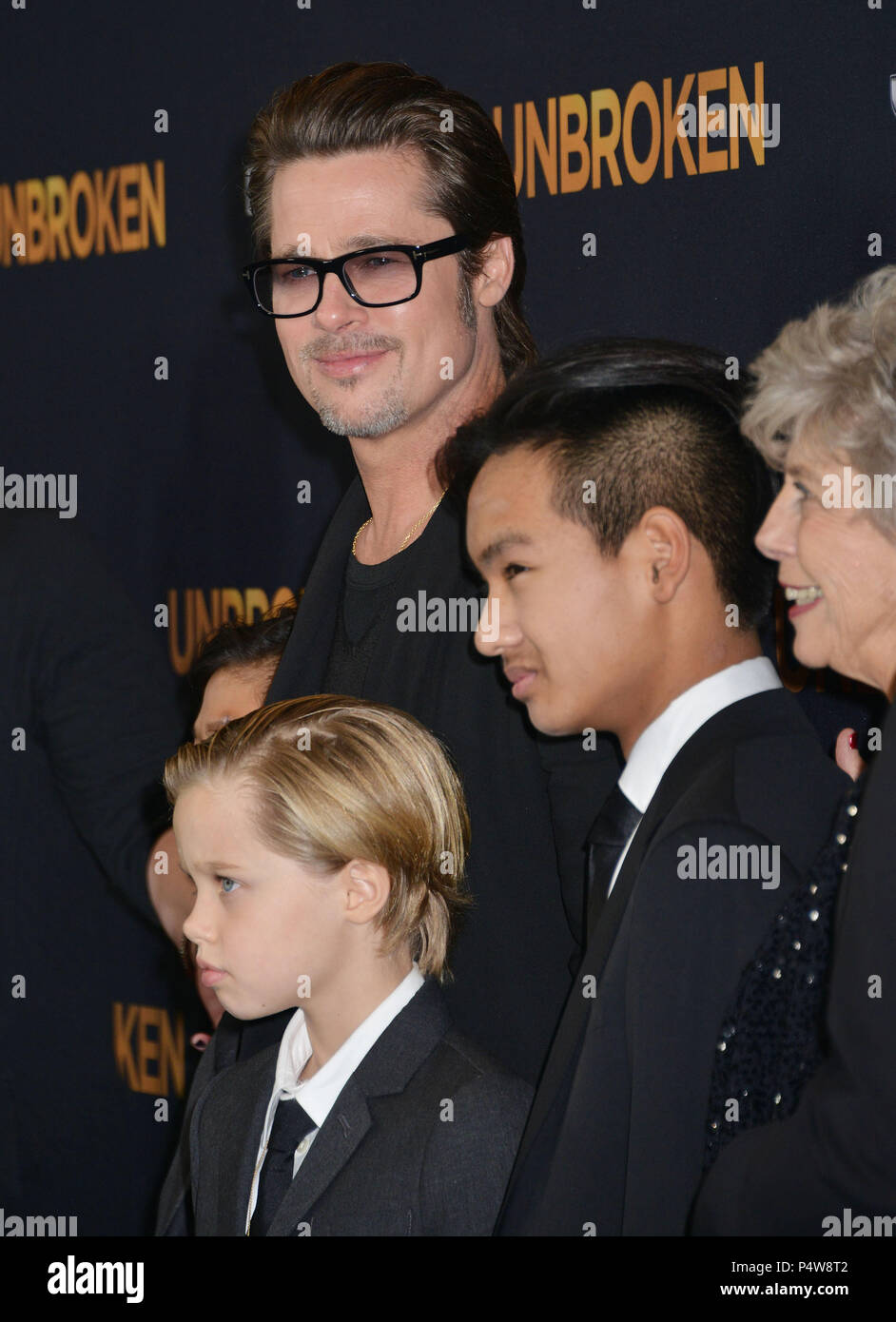 Brad Pitt, (L-R) Pax Thien Jolie-Pitt, Shiloh Nouvel Jolie-Pitt,, Maddox Jolie-Pitt, Jane Pitt, and William Pitt 049  at the Unbroken Premiere at the Dolby Theatre in Los Angeles. Dec. 14, 2014Brad Pitt, (L-R) Pax Thien Jolie-Pitt, Shiloh Nouvel Jolie-Pitt,, Maddox Jolie-Pitt, Jane Pitt, and William Pitt 049 ------------- Red Carpet Event, Vertical, USA, Film Industry, Celebrities,  Photography, Bestof, Arts Culture and Entertainment, Topix Celebrities fashion /  Vertical, Best of, Event in Hollywood Life - California,  Red Carpet and backstage, USA, Film Industry, Celebrities,  movie celebrit Stock Photo