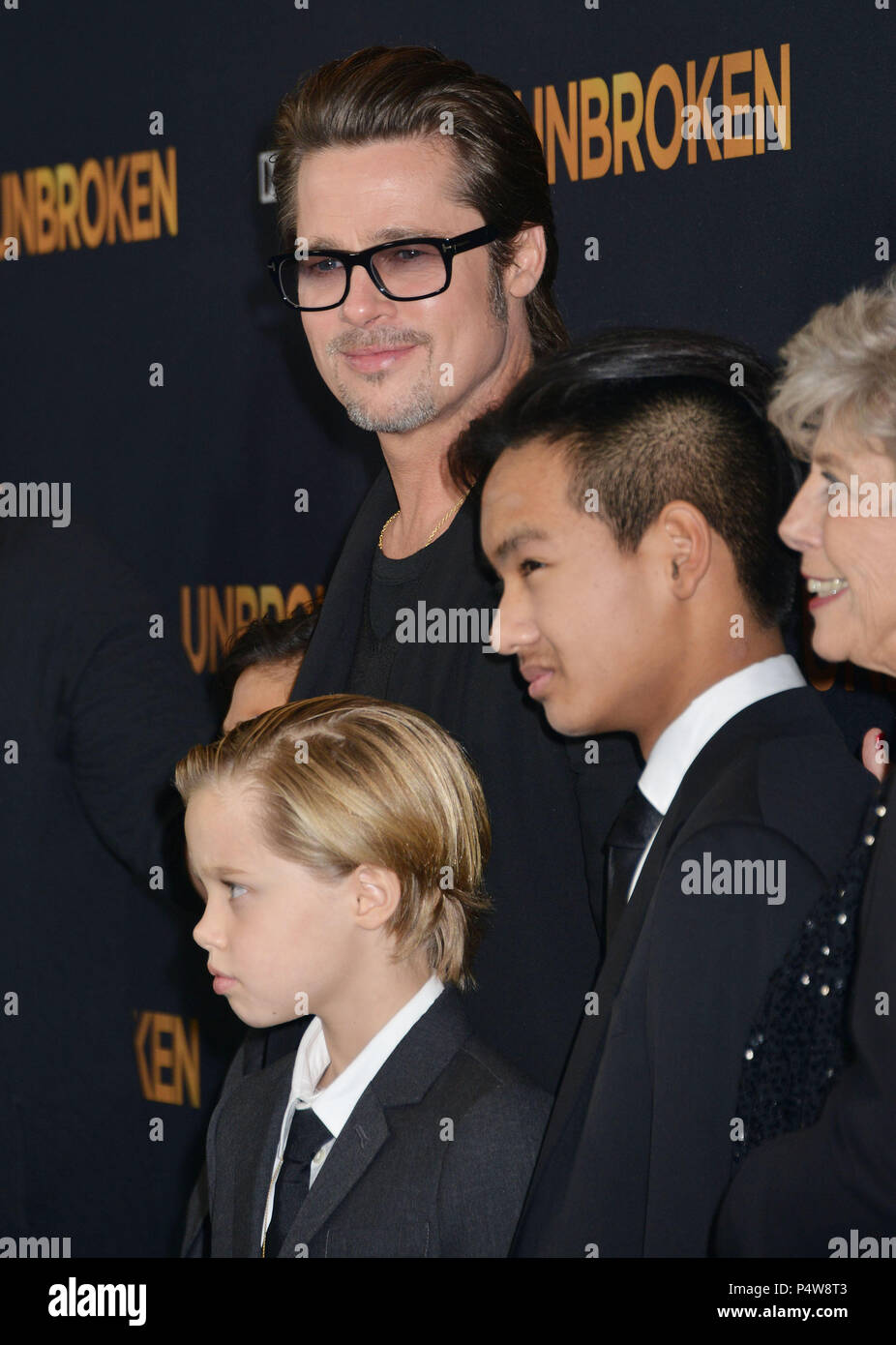Brad Pitt, (L-R) Pax Thien Jolie-Pitt, Shiloh Nouvel Jolie-Pitt,, Maddox Jolie-Pitt, Jane Pitt, and William Pitt 050  at the Unbroken Premiere at the Dolby Theatre in Los Angeles. Dec. 14, 2014Brad Pitt, (L-R) Pax Thien Jolie-Pitt, Shiloh Nouvel Jolie-Pitt,, Maddox Jolie-Pitt, Jane Pitt, and William Pitt 050 ------------- Red Carpet Event, Vertical, USA, Film Industry, Celebrities,  Photography, Bestof, Arts Culture and Entertainment, Topix Celebrities fashion /  Vertical, Best of, Event in Hollywood Life - California,  Red Carpet and backstage, USA, Film Industry, Celebrities,  movie celebrit Stock Photo