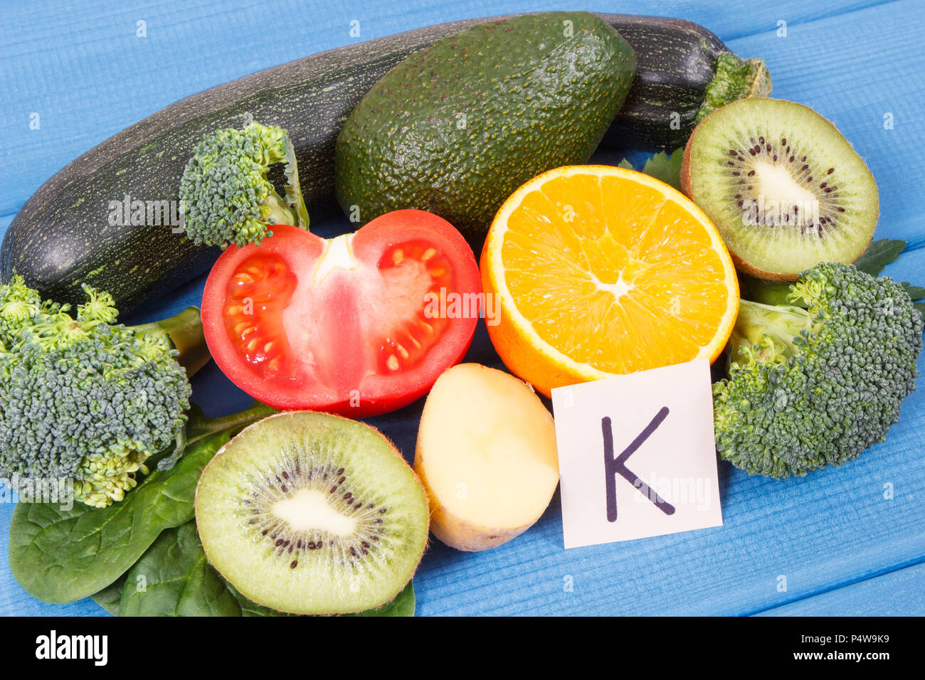 Fresh fruits and vegetables containing vitamin K, potassium, dietary