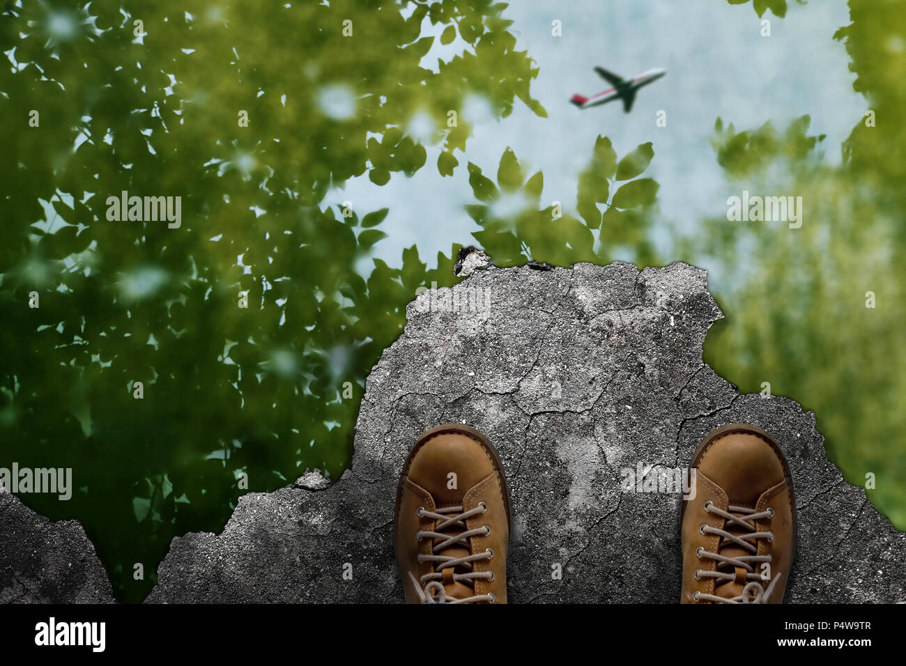 Travel Concept Man Standing To See The Blurred Of Tree And Airplane That Reflected On Wet Cement Floor Top View Travel Concept Man Standing To See The Blurred Of Tree And Airplane That Reflected On Wet Cement Floor Top View
