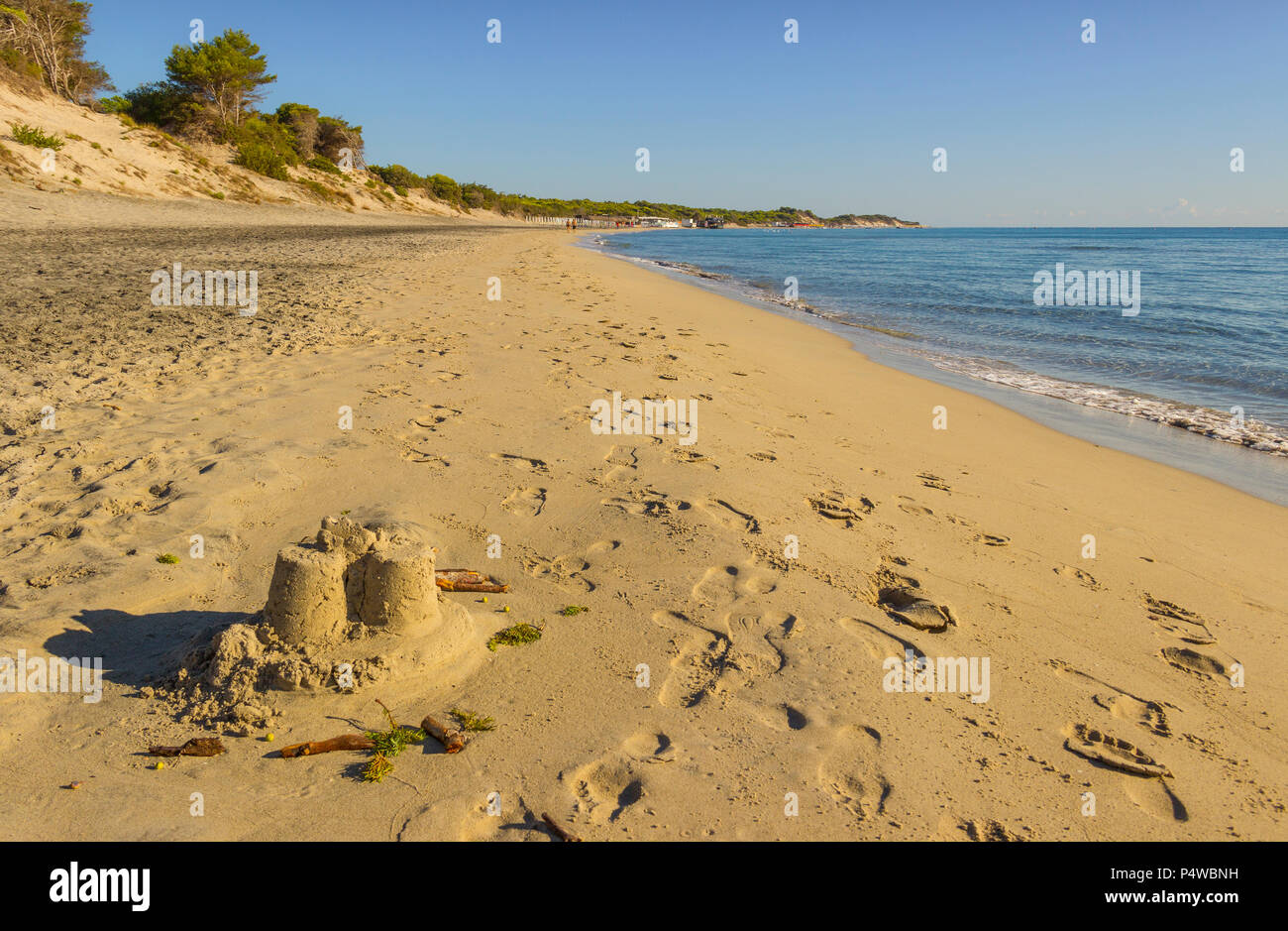 The most beautiful sand beaches of Apulia: Alimini bay,Salento coast. Italy. It is a vast sandy coast protected by pine forests that grow from dunes. Stock Photo