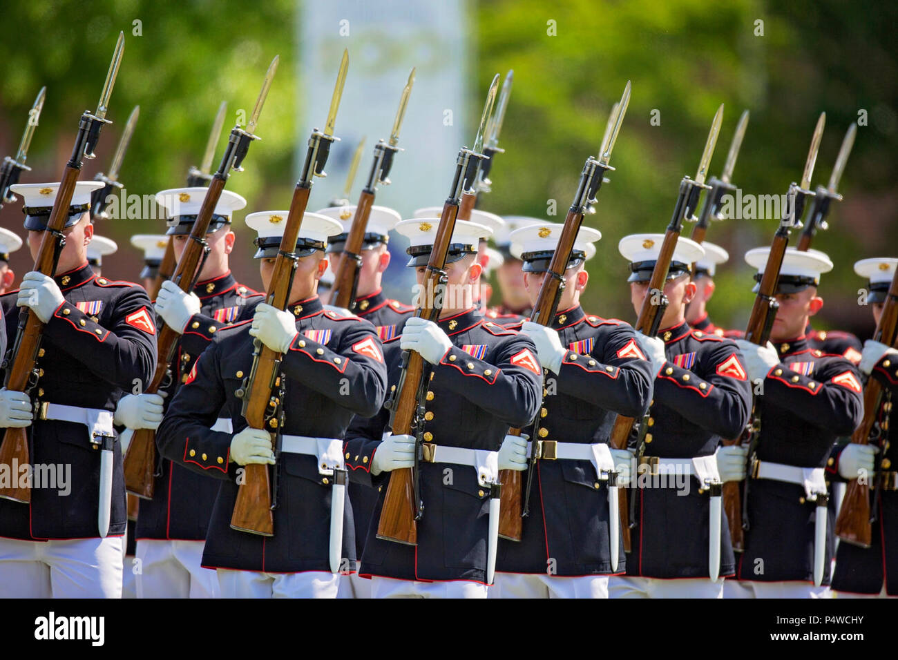 The U.S. Marine Corps Silent Drill Platoon performs during the Centennial Celebration Ceremony at Lejeune Field, Marine Corps Base (MCB) Quantico, Va., May 10, 2017. The event commemorates the founding of MCB Quantico in 1917, and consisted of performances by the U.S. Marine Corps Silent Drill Platoon and the U.S. Marine Drum & Bugle Corps. Stock Photo