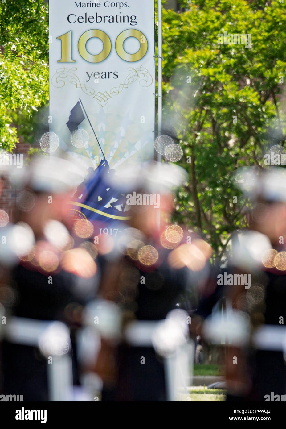 The U.S. Marine Corps Silent Drill Platoon performs during the Centennial Celebration Ceremony at Lejeune Field, Marine Corps Base (MCB) Quantico, Va., May 10, 2017. The event commemorates the founding of MCB Quantico in 1917, and consisted of performances by the U.S. Marine Corps Silent Drill Platoon and the U.S. Marine Drum & Bugle Corps. Stock Photo