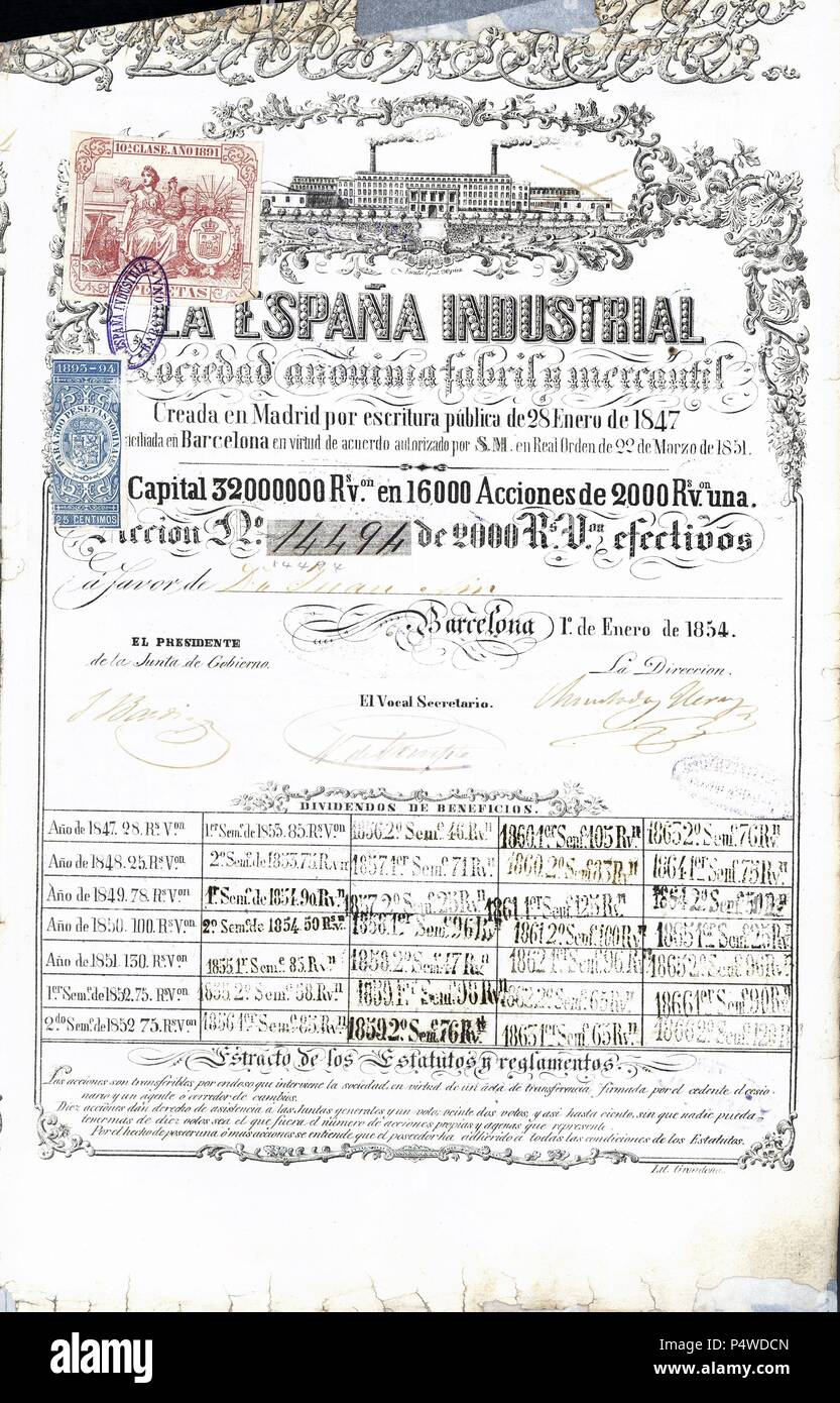 Acción de 2000 reales de vellón de 'La España Industrial', emitida en Barcelona el 1 enero de 1854. Stock Photo