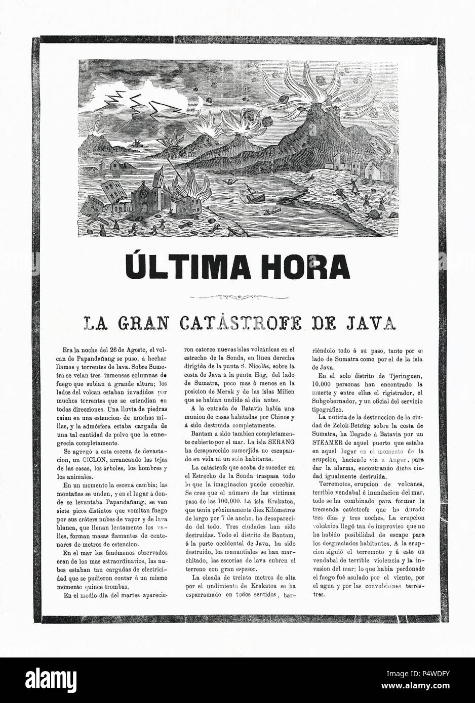 Última hora. Crónica sobre la gran catátrofe de la isla de Java; la erupción del volcán de Papandañang causó la desaparición de la isla de Krakatoa. Publicado en Barcelona en 1883. Stock Photo