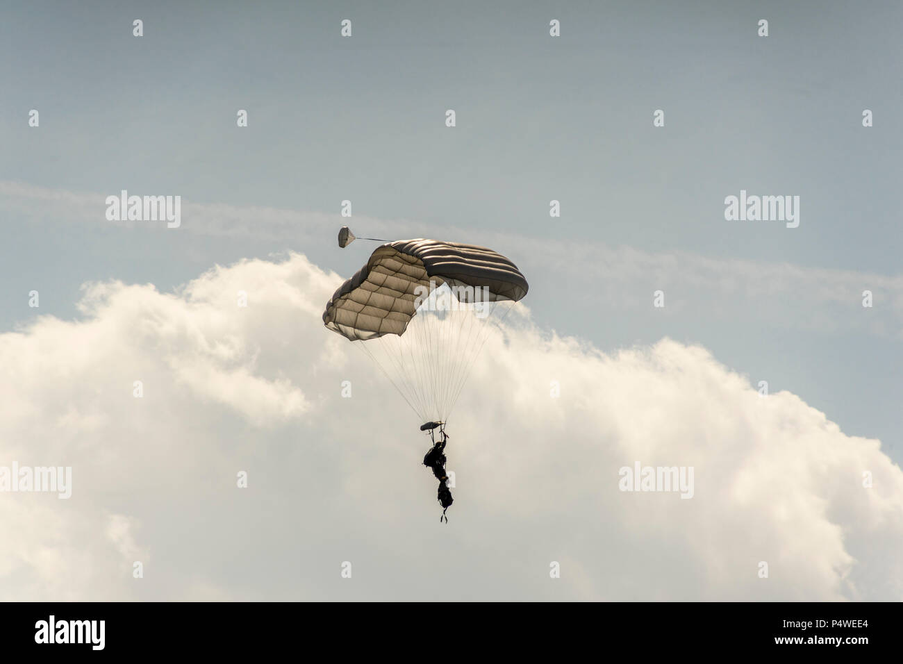 Paratroopers demonstrating their skills at the International Aerospace Exhibition ILA at Airport Schoenefeld in Berlin, Germany 2018. Stock Photo