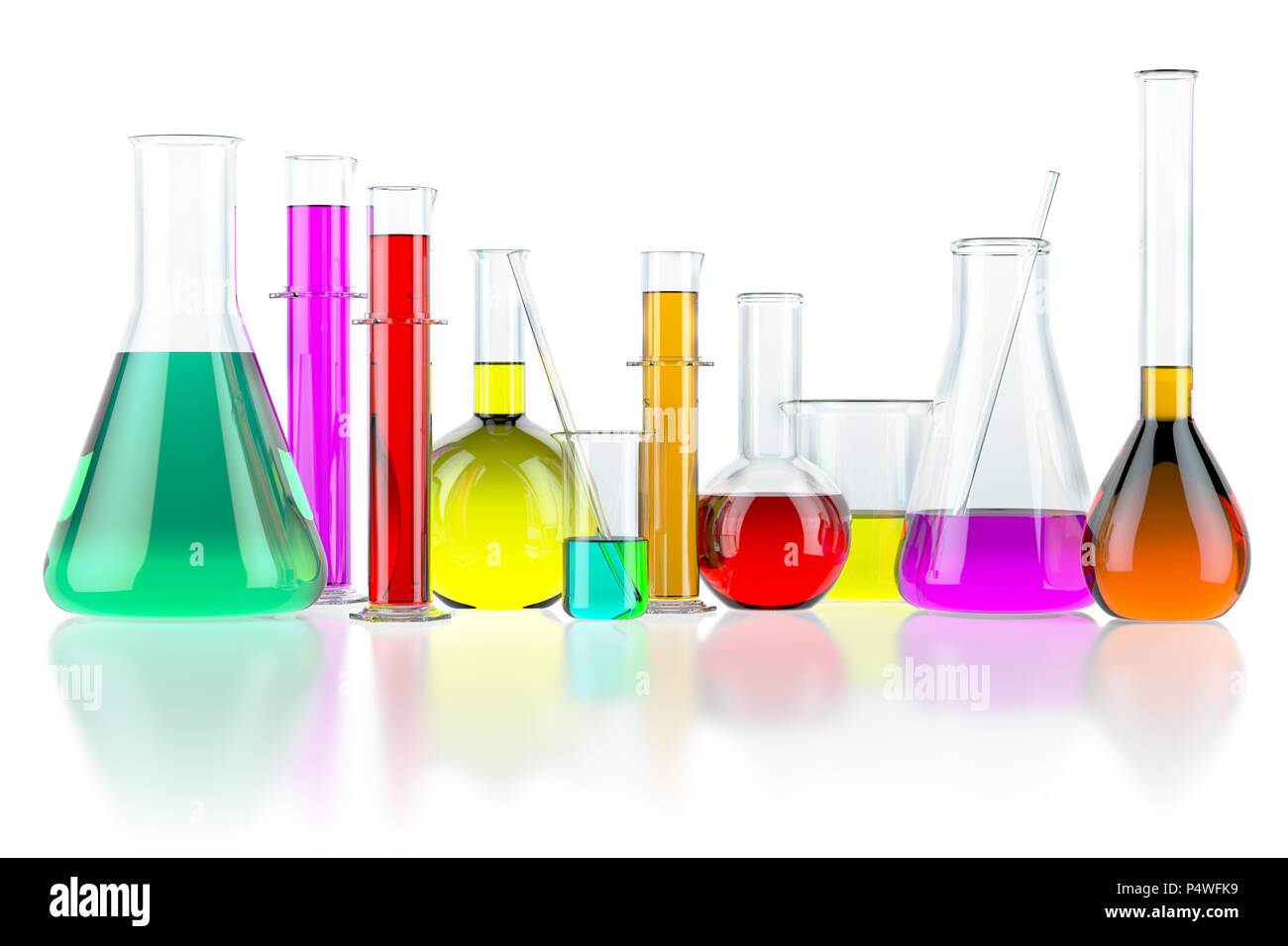 Laboratory glassware test glass flasks and tubes with solution isolated ...