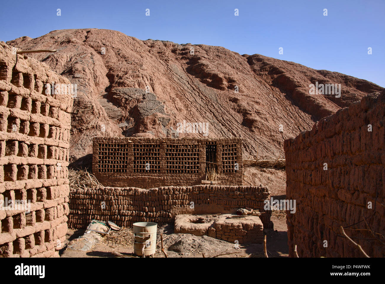 Ancient mud brick village in the Tuyoq Valley, Turpan, Xinjiang, China Stock Photo